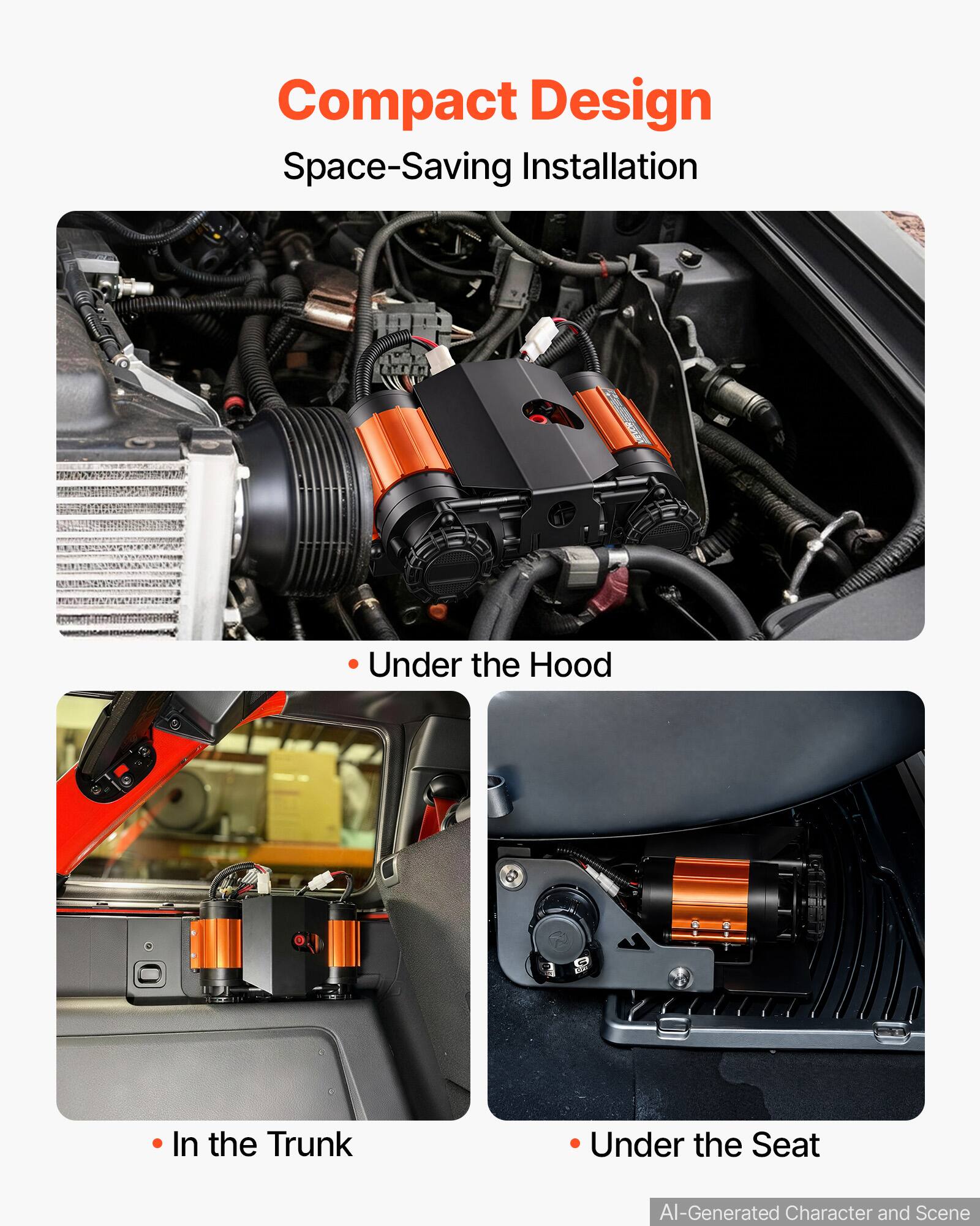 Compact Design  
Space-Saving Installation

- Under the Hood
- In the Trunk
- Under the Seat

AI-Generated Character and Scene