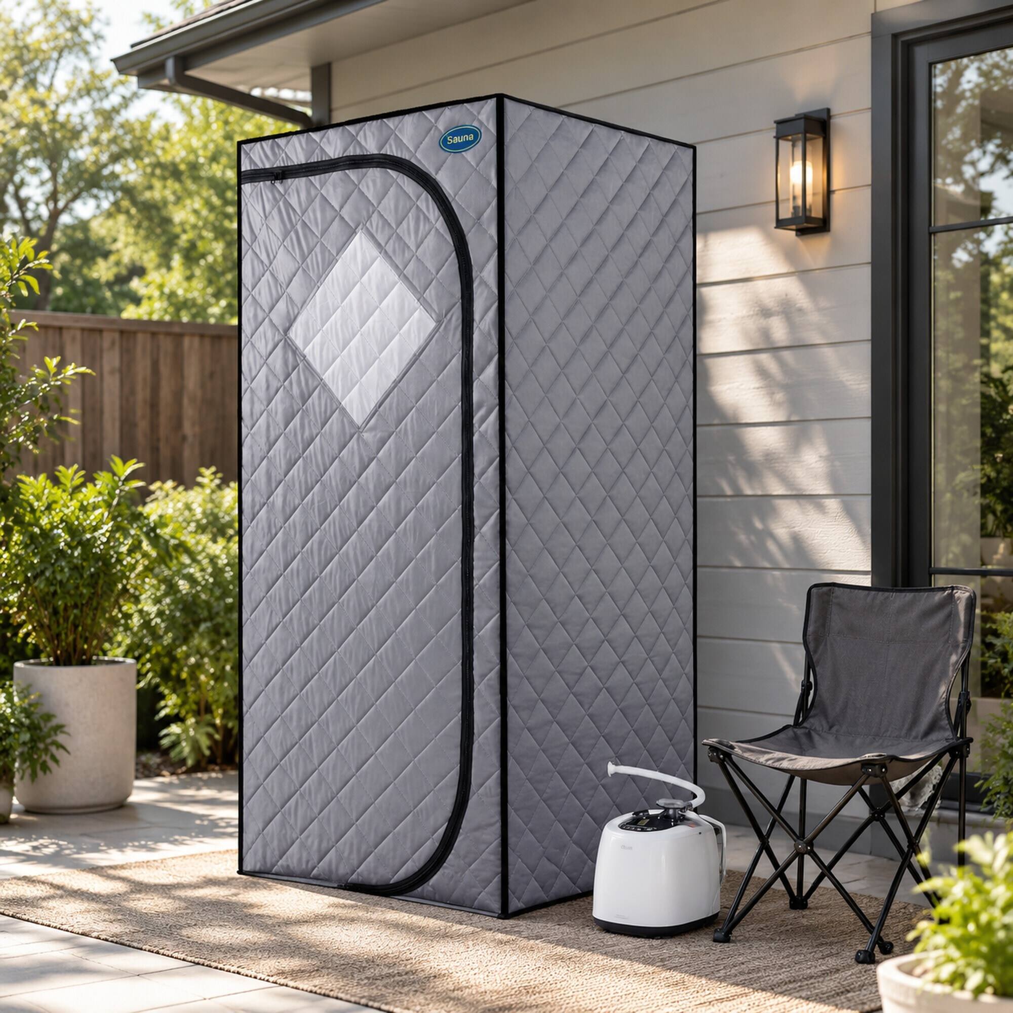 Angle. RYHNUYNE - Full Size Portable Steam Sauna Tent, Grey, 29.1 x 29.1 x 66.5 in, 2.2 L Steam Generator, Remote Control, Foldable Chair - Grey.