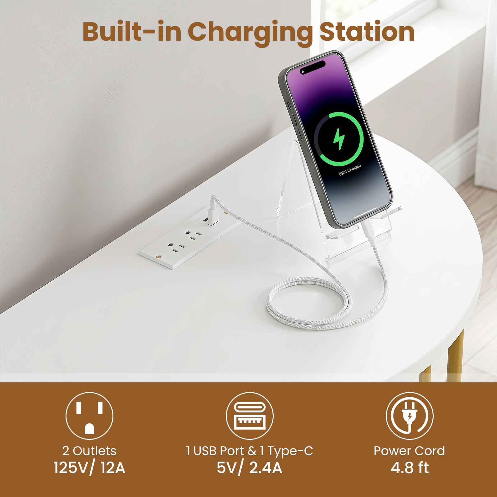 Built-in Charging Station  
6% Charged  
2 Outlets 125V/12A  
1 USB Port & 1 Type-C 5V/2.4A  
Power Cord 4.8 ft