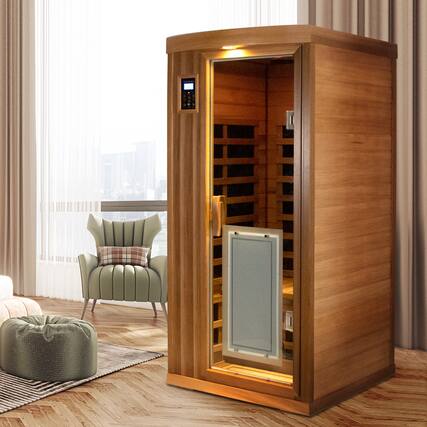 Front. Boyel Living - Low EMF One-Person Far Infrared Red Cedar Deluxe Indoor Sauna with Bluetooth Audio and LED Lighting (Left and Right) - Bean paste red.