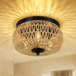 LUCKY ONE - 3-Light Woven Rattan Flush Mount Ceiling Light, Hand-Worked Cage Shade for Bedroom Kitchen Foyer - Brown