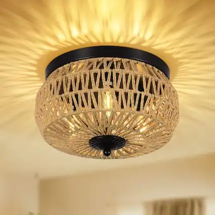 Front. LUCKY ONE - 3-Light Woven Rattan Flush Mount Ceiling Light, Hand-Worked Cage Shade for Bedroom Kitchen Foyer - Brown.