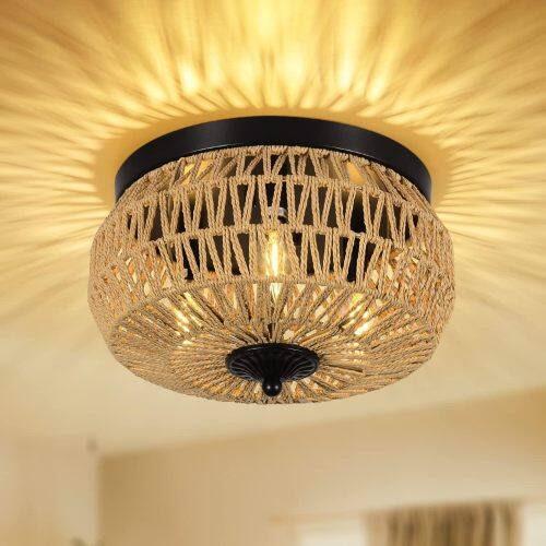 Front. LUCKY ONE - 3-Light Woven Rattan Flush Mount Ceiling Light, Hand-Worked Cage Shade for Bedroom Kitchen Foyer - Brown.