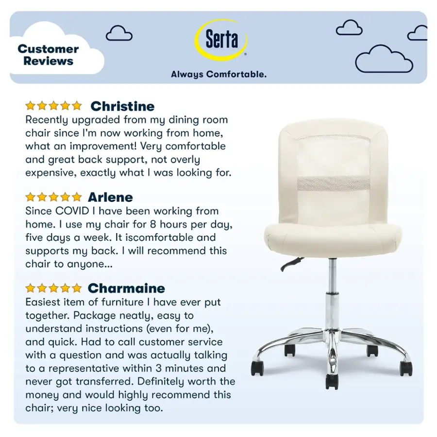 Customer Reviews Serta Always Comfortable. Christine recently upgraded from her dining room chair since she's now working from home, and she's thrilled with the improvement. The chair is very comfortable and offers great back support, and it's not overly expensive. Arlene has been working from home since COVID and uses her chair for 8 hours a day, five days a week. It is comfortable and supports her back, and she highly recommends it to anyone. Charmaine found the chair to be the easiest item of furniture she has ever put together, with a neat package and easy-to-understand instructions. She also had a quick call with customer service and was talking to a representative within three minutes, without being transferred. Overall, she thinks the chair is worth the money and highly recommends it; it's very nice looking too.