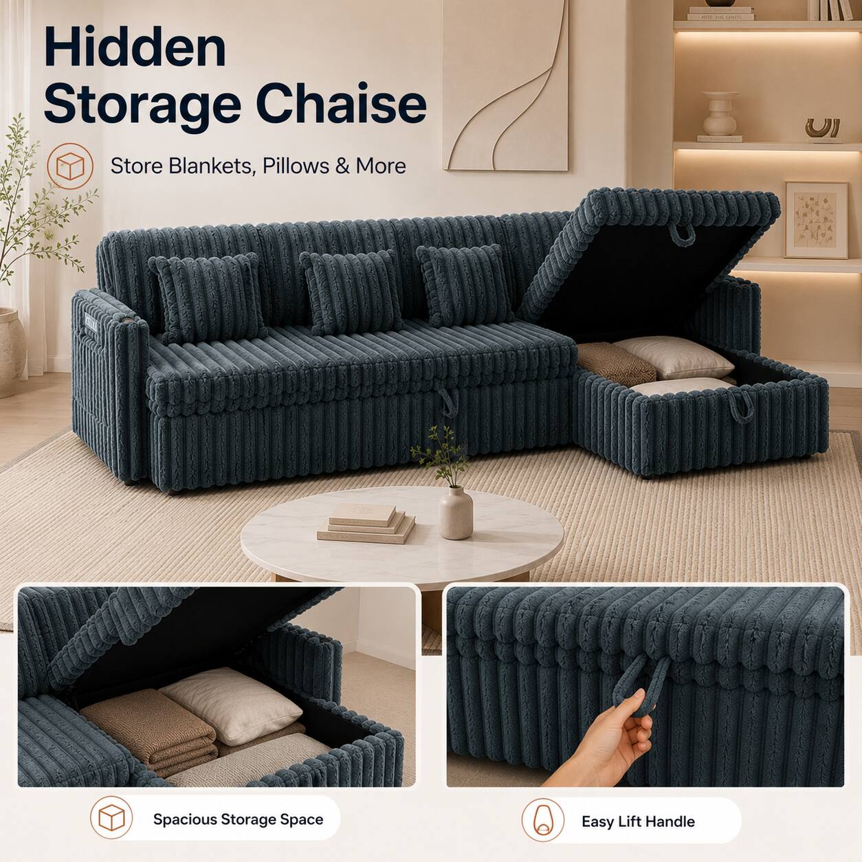 Hidden Storage Chaise  
Store Blankets, Pillows & More  
20 Spacious Storage Space  
6 Easy Lift Handle