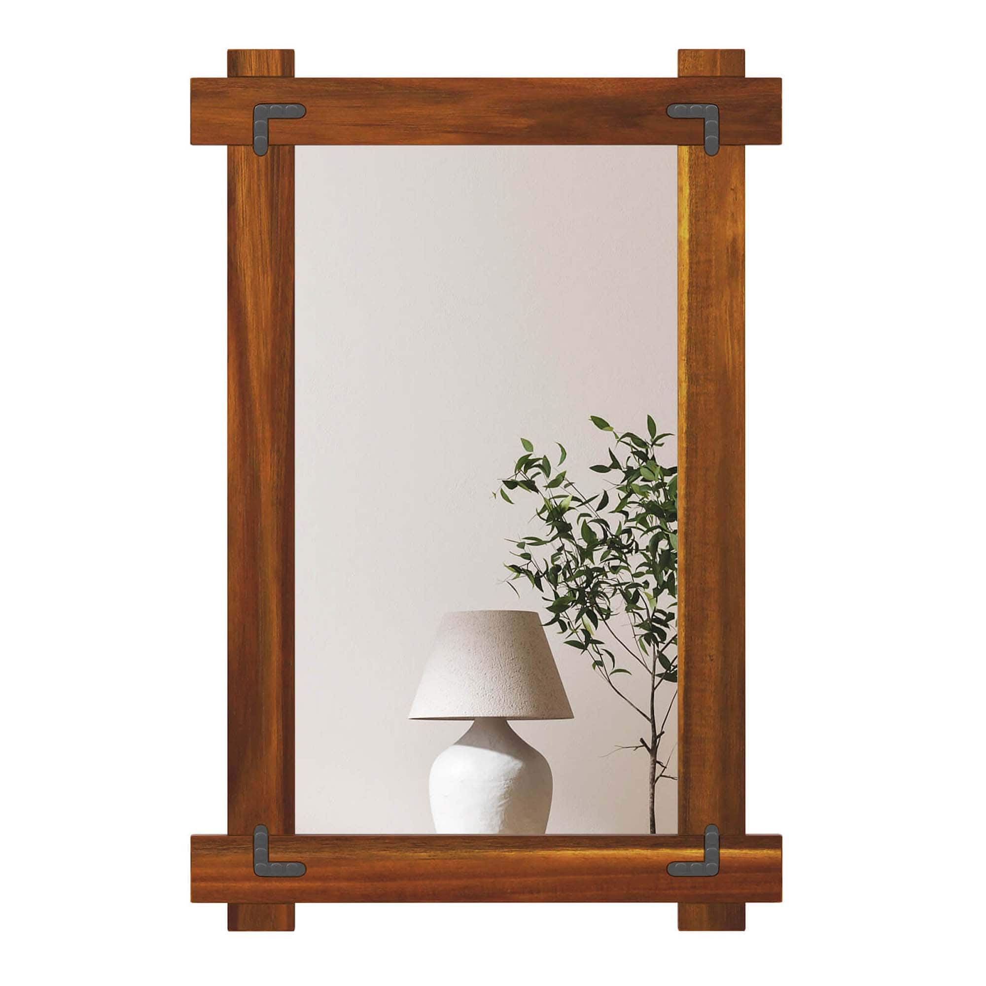 Costway - 30 x 20 Inch Shatterproof Wall Mirror with Acacia Wood Frame & Vintage Rivet Design - Rustic Brown
