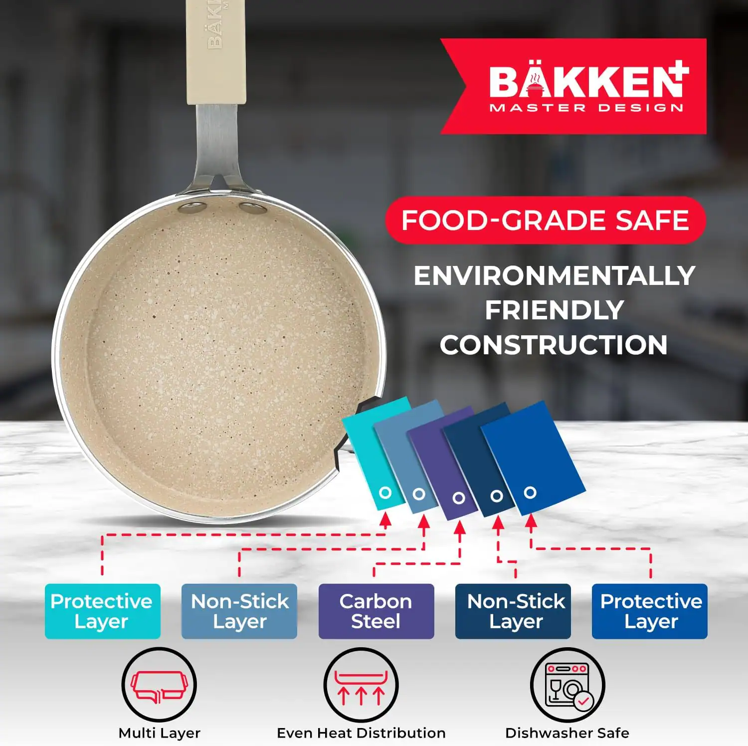 BKKEN MASTER DESIGN, FOOD-GRADE SAFE, ENVIRONMENTALLY FRIENDLY CONSTRUCTION, Protective Layer, Non-Stick Layer, Carbon Steel, Non-Stick Layer, Protective Layer, Multi Layer, Even Heat Distribution, Dishwasher Safe
