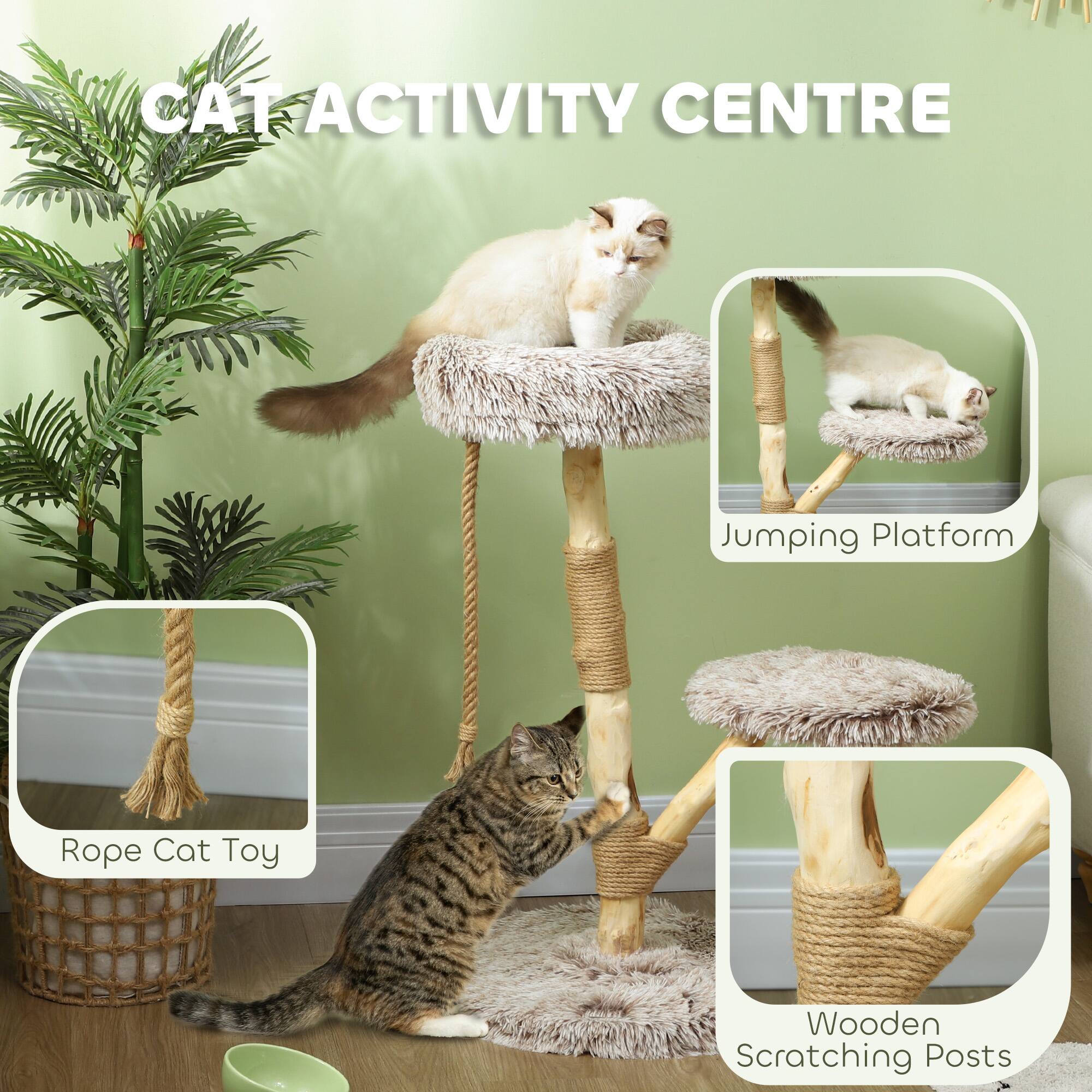 Back. Pawhut - 35 Inch Modern Cat Tree Tower for Indoor Adult Cats with Wooden Natural Branch Scratching Posts, Cat Bed & Rope Toy - Brown.