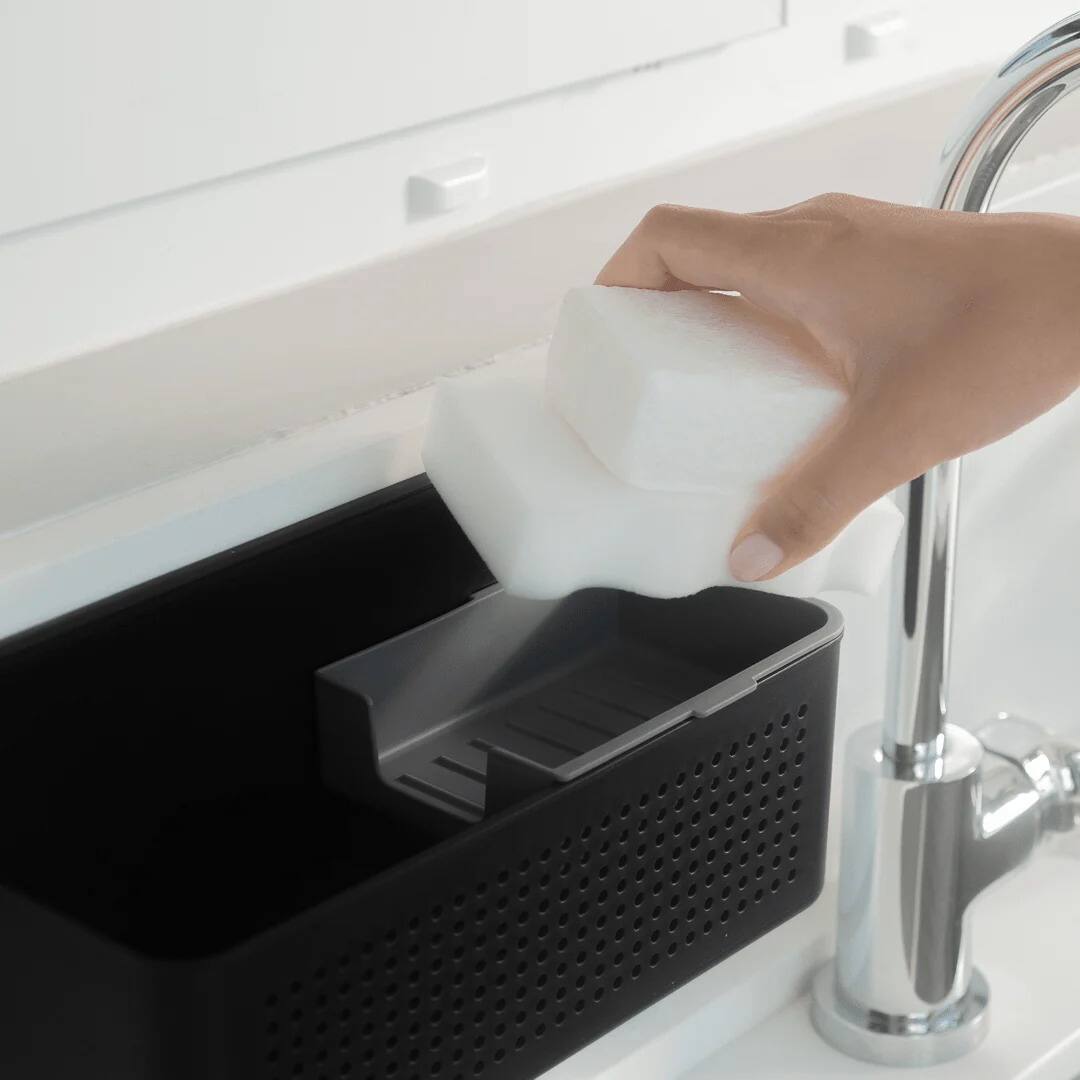 Back. OU - Kitchen Sink Organizer Set, Wall Mounted Caddy with Removable Sponge Tray & Scrub Brush.