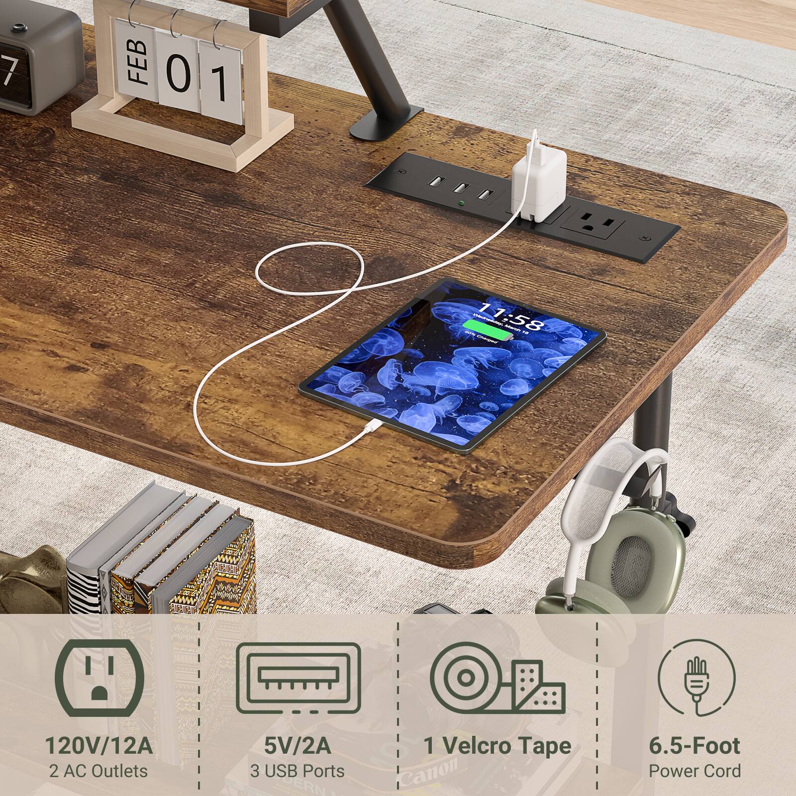 7 FEB 01 7 11:58 - - 120V/12A 2 AC Outlets 5V/2A 3 USB Ports 1 Velcro Tape 6.5-Foot Power Cord