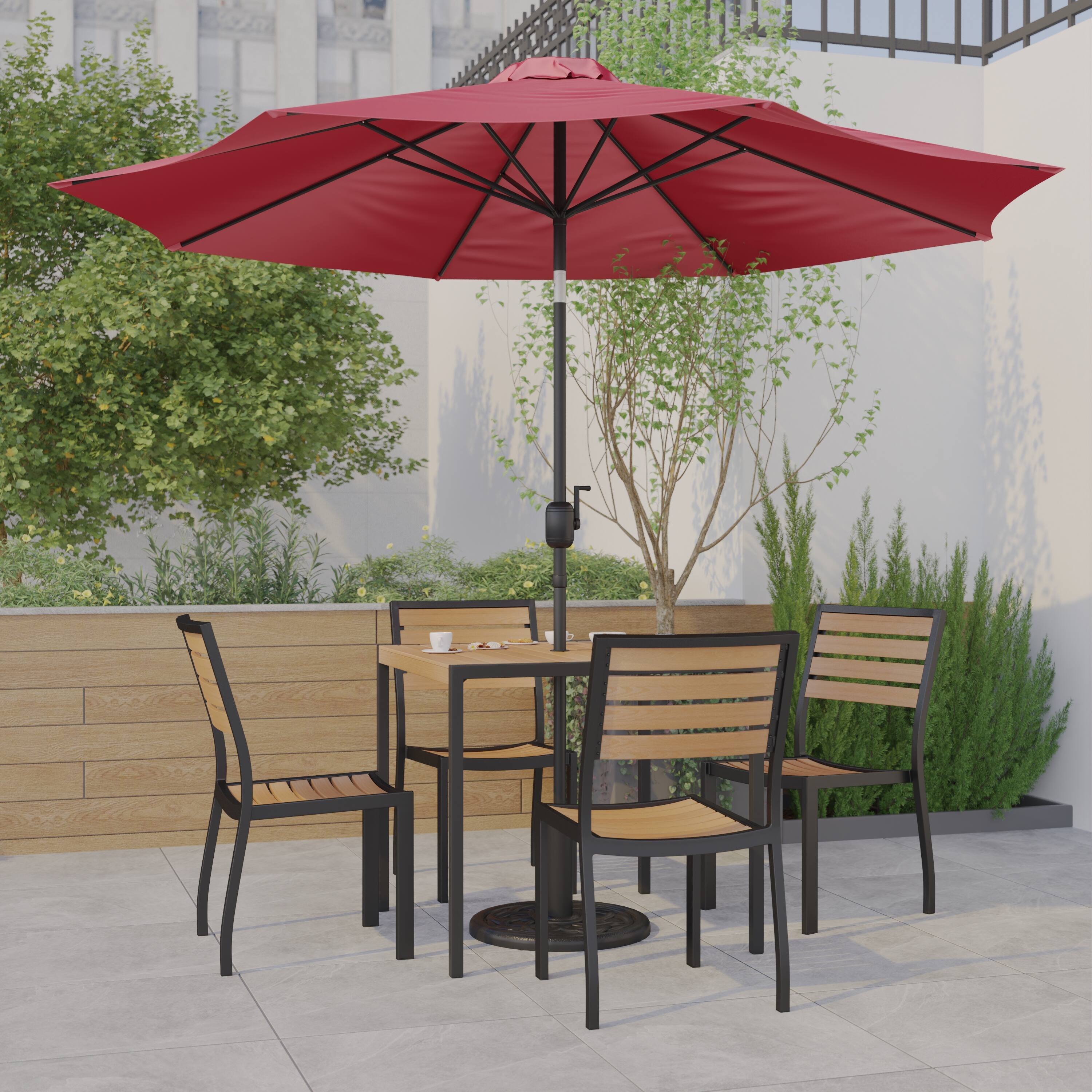 Alt View 1. Emma + Oliver - 7 Piece Patio Table Set - Synthetic Faux Teak Stackable Chairs - Faux Teak Table - Umbrella with Base - Red.