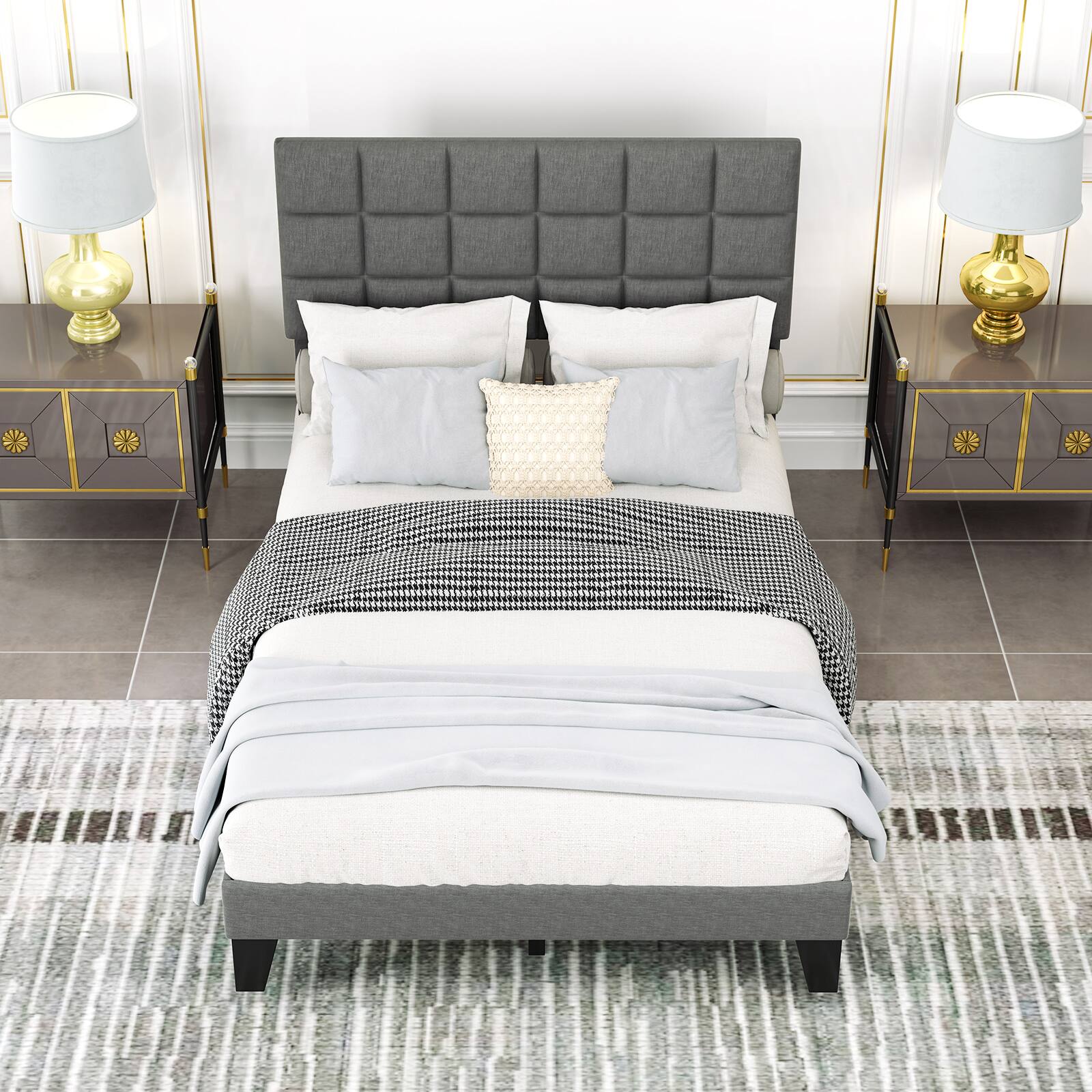 Angle. LUCKY ONE - Full Assembled Linen Bed Frame with Adjustable Headboard Platform Bed Wooden Slats - Gray-Full.