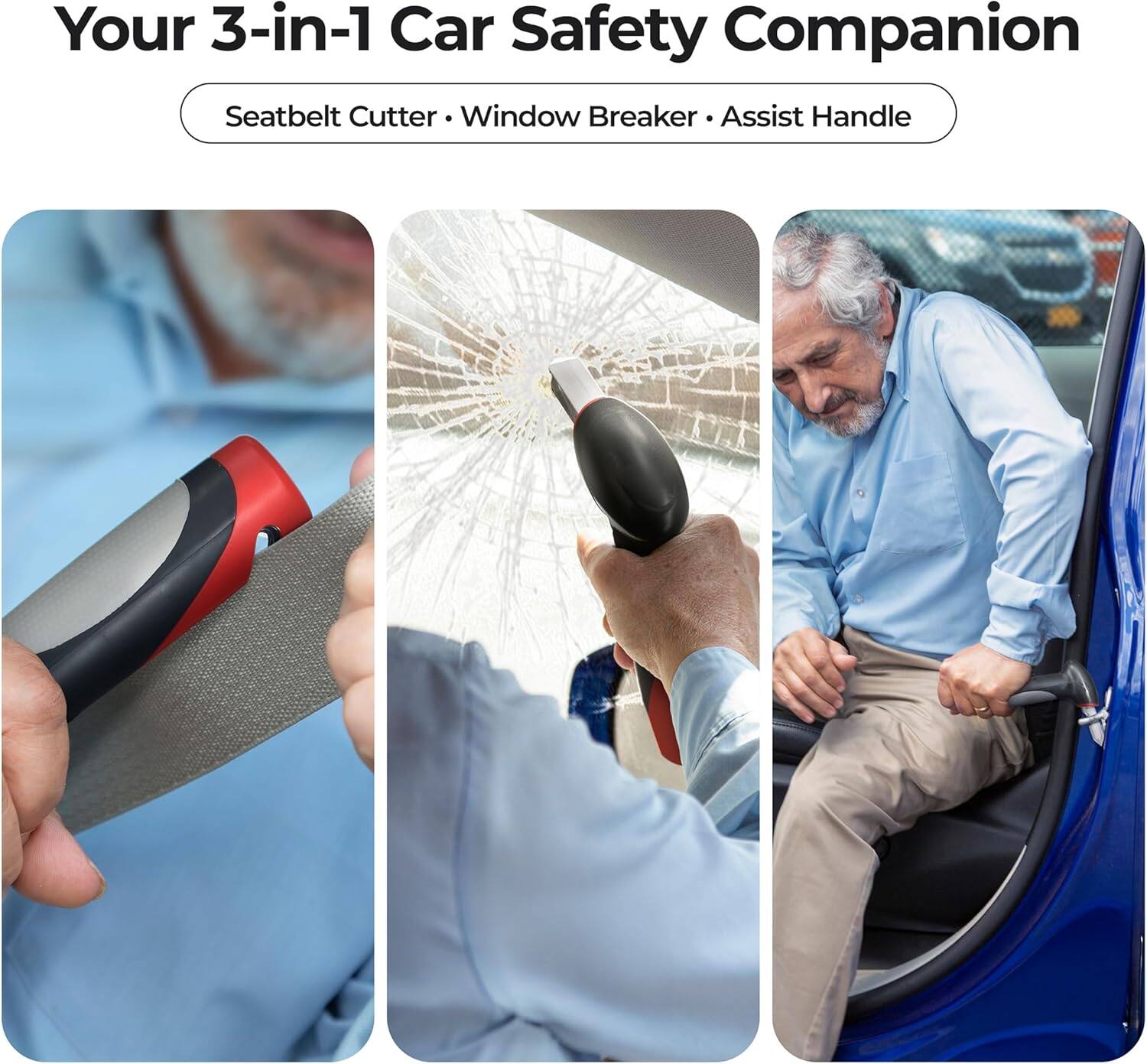 Your 3-in-1 Car Safety Companion  
Seatbelt Cutter • Window Breaker • Assist Handle