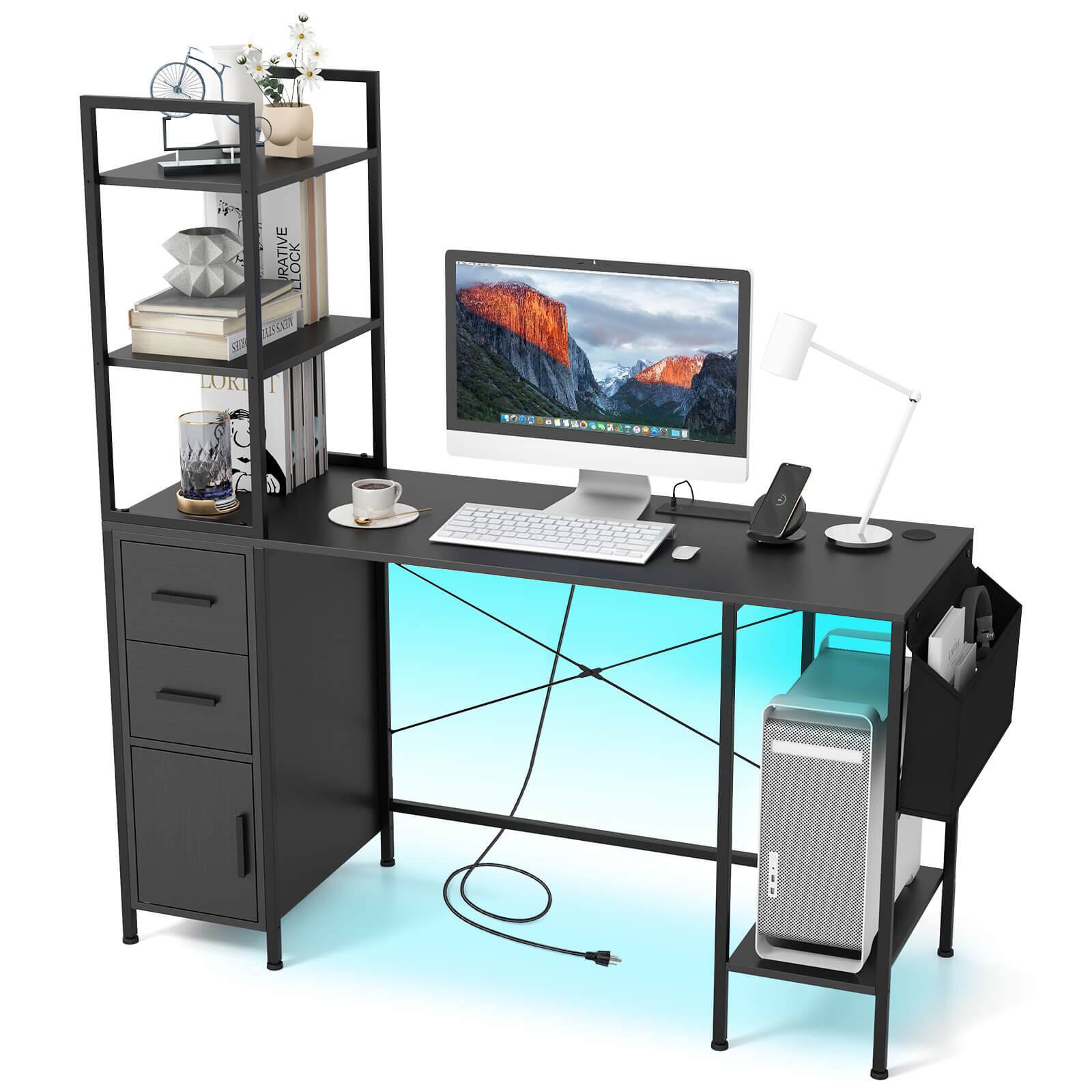 Costway - Office Desk with LED Lights & Power Outlets Open Shelves 2 Drawers Cabinet - Black