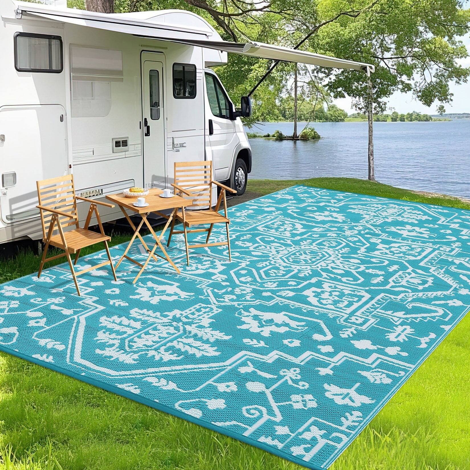 Front. Homhougo - Large 9'x18' Waterproof Outdoor Rug, Reversible Patio Carpet, UV-Resistant, Light Blue - Light blue/white.