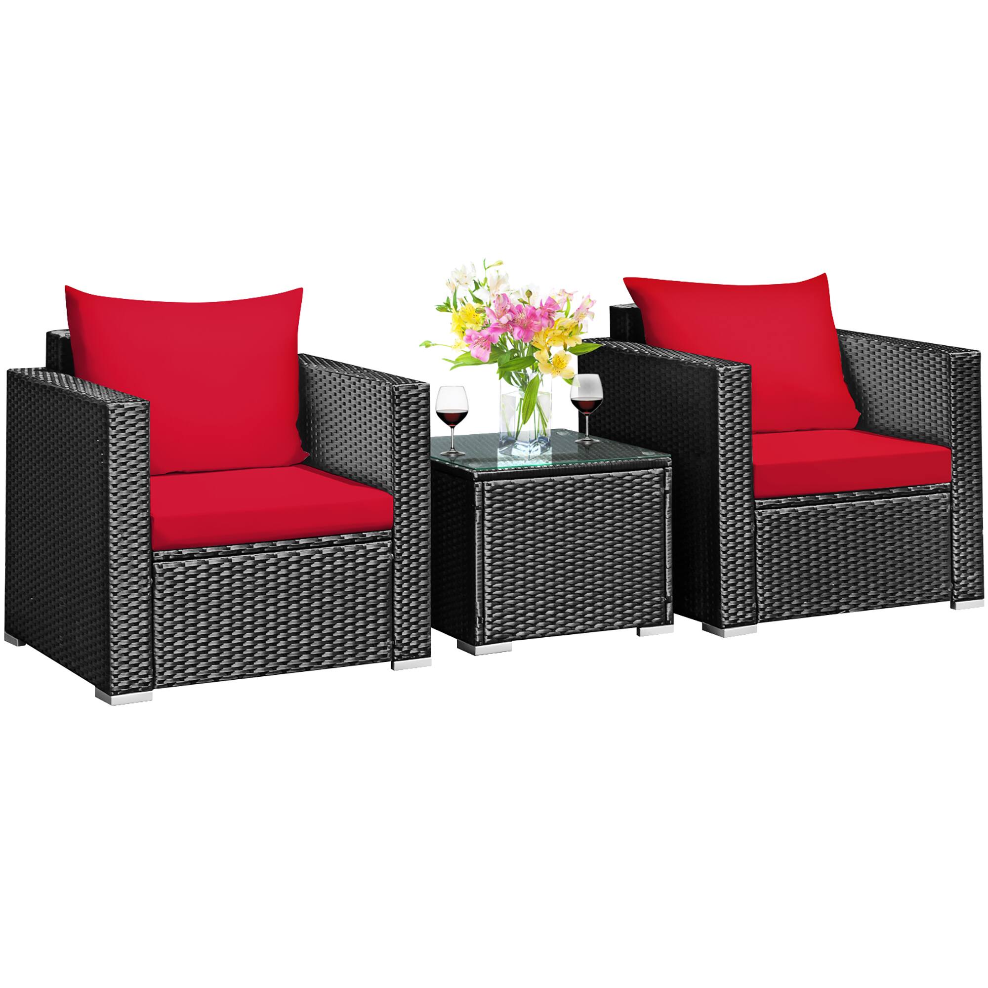 Left. Costway - 3PCS Patio Rattan Wicker Furniture Set Sofa Table W/Cushion Yard - Red.