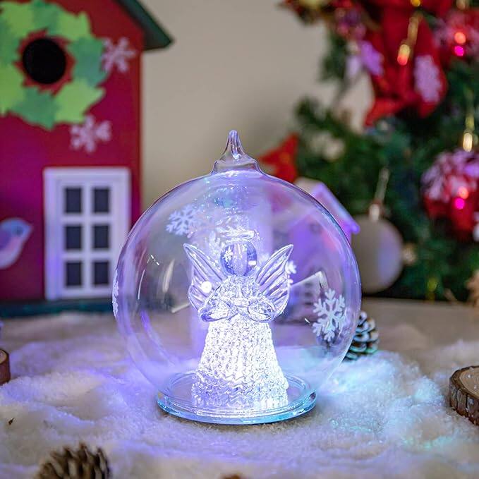 Angle. Schertz - Christmas Glass Angel Snow Globe – Color-Changing LED Ornament, Battery Operated, No Liquid, No Music, Lighted Tabletop - transparent.