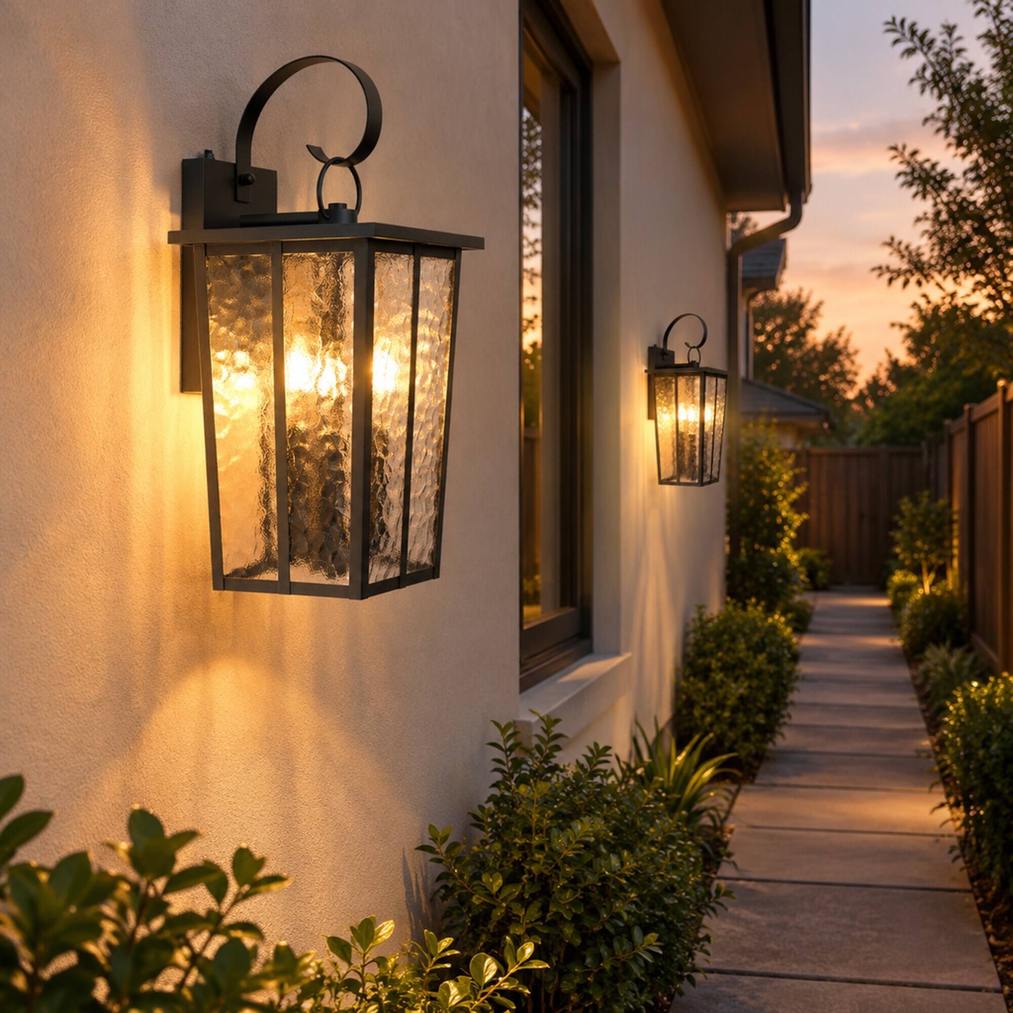 Alt View 5. RYHNUYNE - Dusk To Dawn 18.5 In Outdoor Wall Lantern, 3-Light Waterproof Ripple Glass Exterior Light Fixture Black - Black.