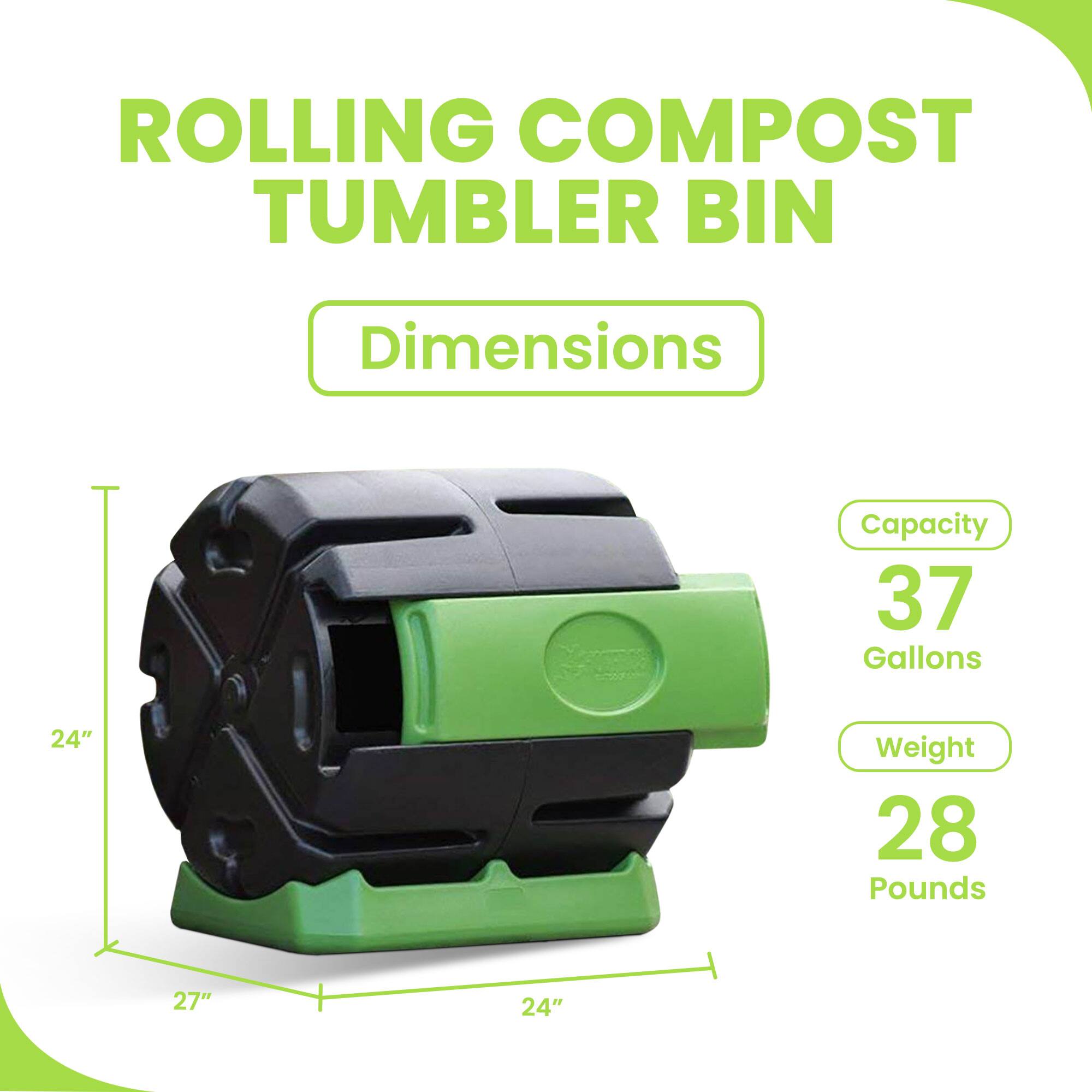 ROLLING COMPOST TUMBLER BIN

Dimensions
- 27" (height)
- 24" (width)
- 24" (depth)

Capacity: 37 Gallons

Weight: 28 Pounds