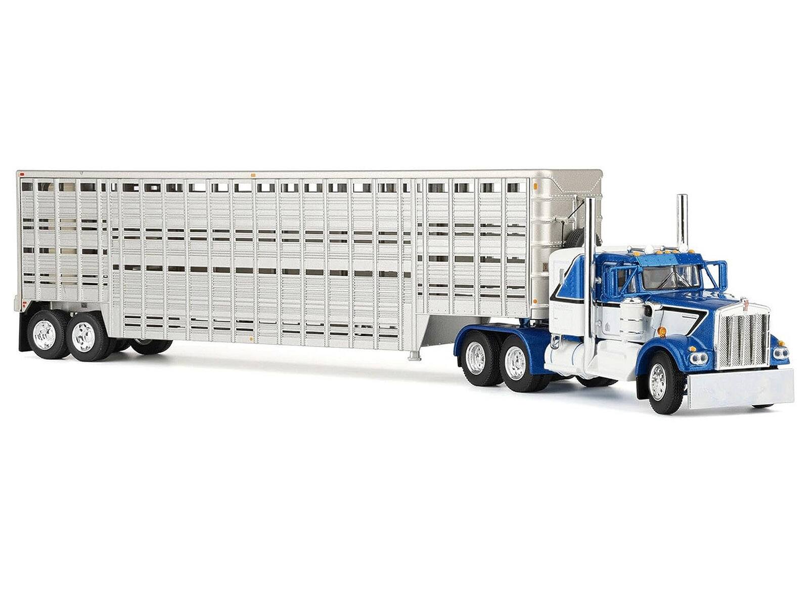 Alt View 4. First Gear - Kenworth W900A with 36" Sleeper and 45' Wilson Livestock Trailer Blue & White with Trailer 1/64 Model by DCP/First Gear.