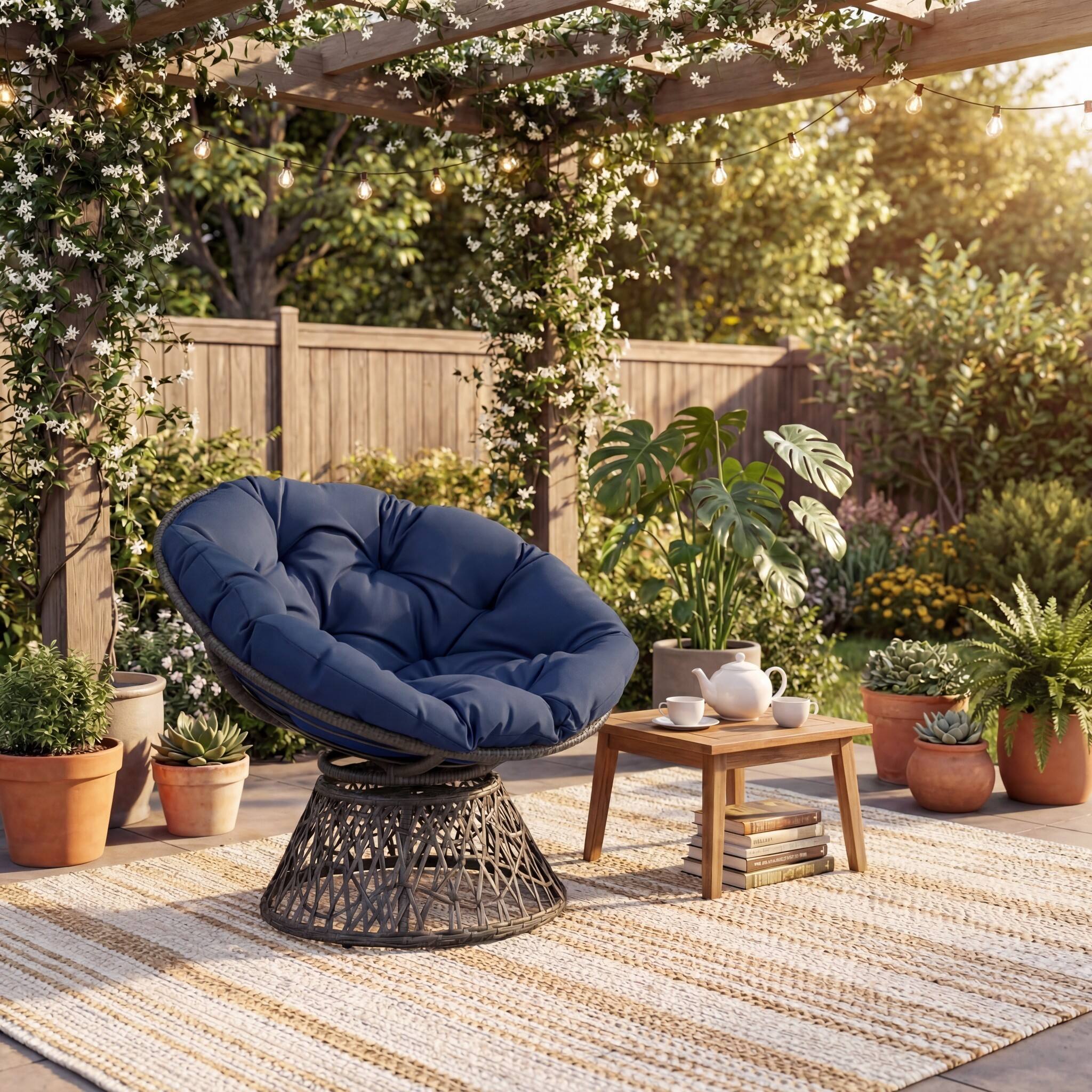 Alt View 3. Costway - Costway Papasan Chair, Swivel Chair with Extra-Thick Cushion, Metal Frame, Rattan Wicker Lounge Chair for Yard, Balcony - Navy Blue.