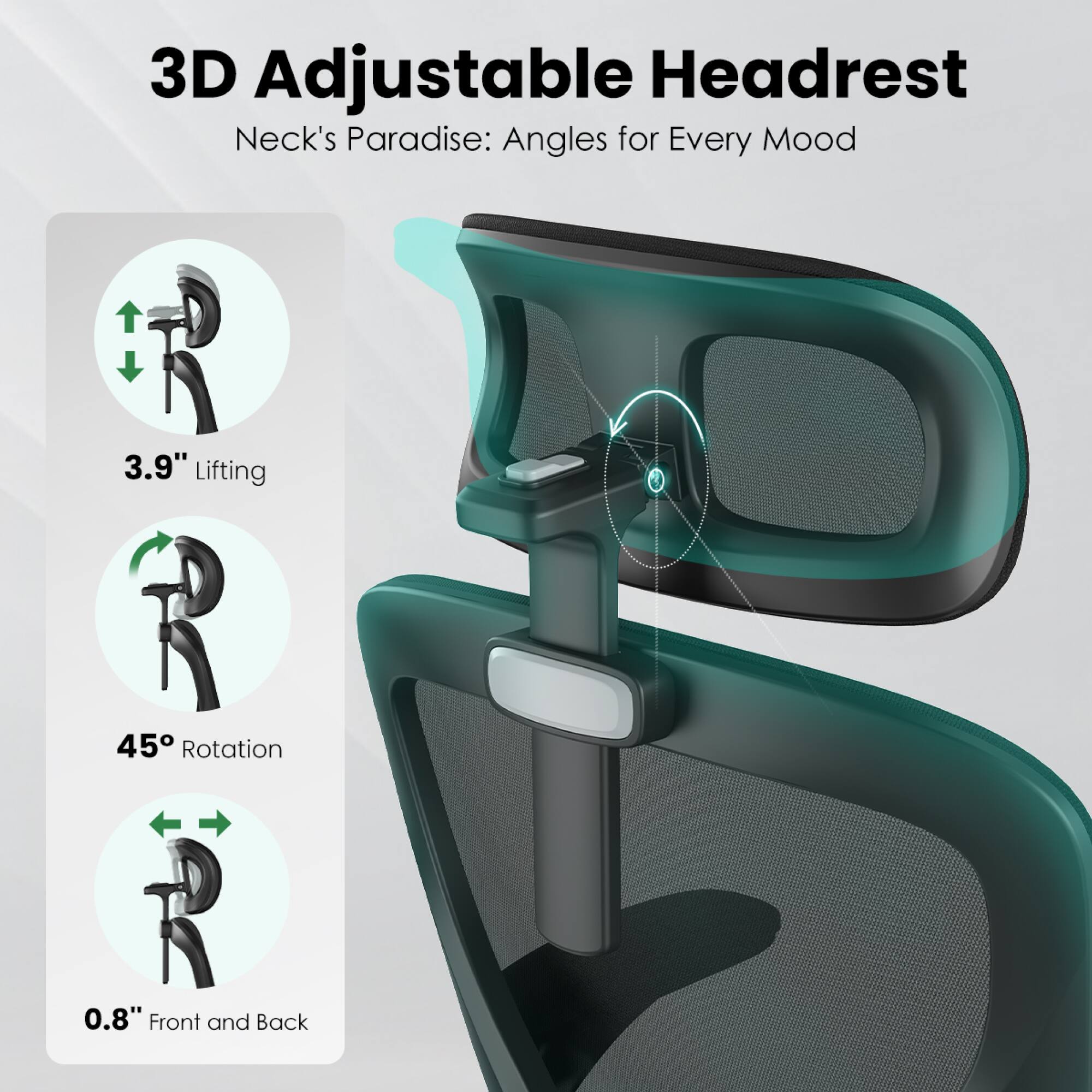 3D Adjustable Headrest  
Neck's Paradise: Angles for Every Mood  

- 3.9" Lifting  
- 45° Rotation  
- 0.8" Front and Back