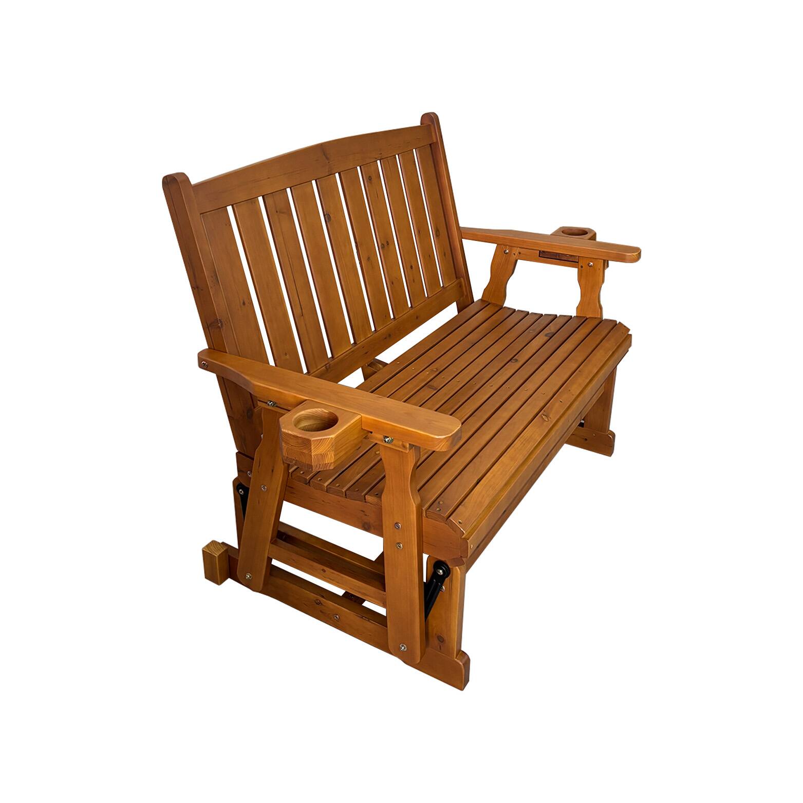 Alt View 4. Fortune Candy - Wooden Patio Glider with Cup Holders, High Back and Deep Contoured Seat, for Porch Yard Garden (Teak Tone, 2-Seater) - Teak Tone.