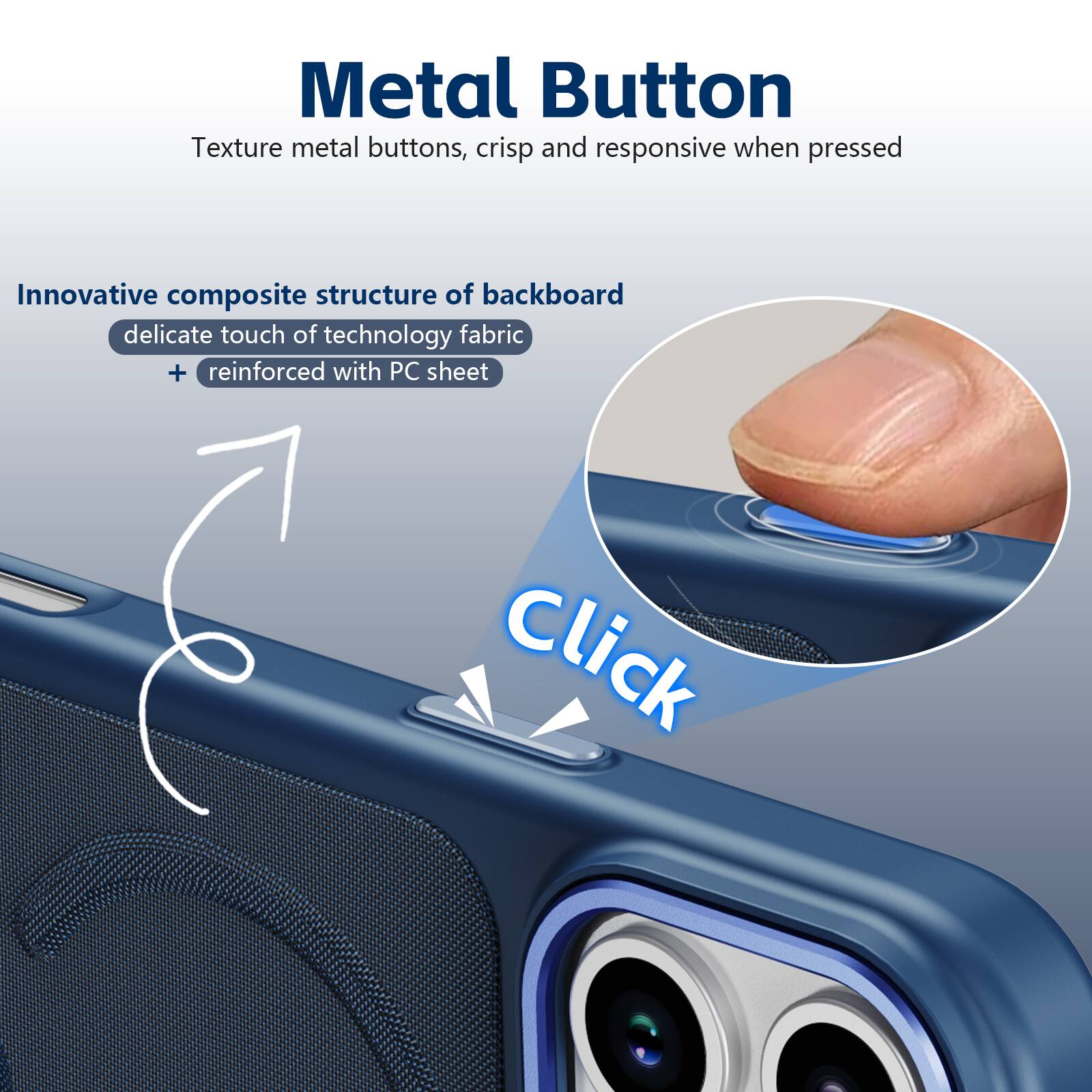 Metal Button  
Texture metal buttons, crisp and responsive when pressed  

Innovative composite structure of backboard  
delicate touch of technology fabric + reinforced with PC sheet  

Click