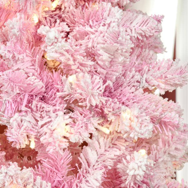 Alt View 9. PULUZ - 7.5ft Prelit Snow Flocked Artificial Christmas Tree with Pencil Shape, Pine Realistic Branches, Warm White LED lights, A - Pink and White.