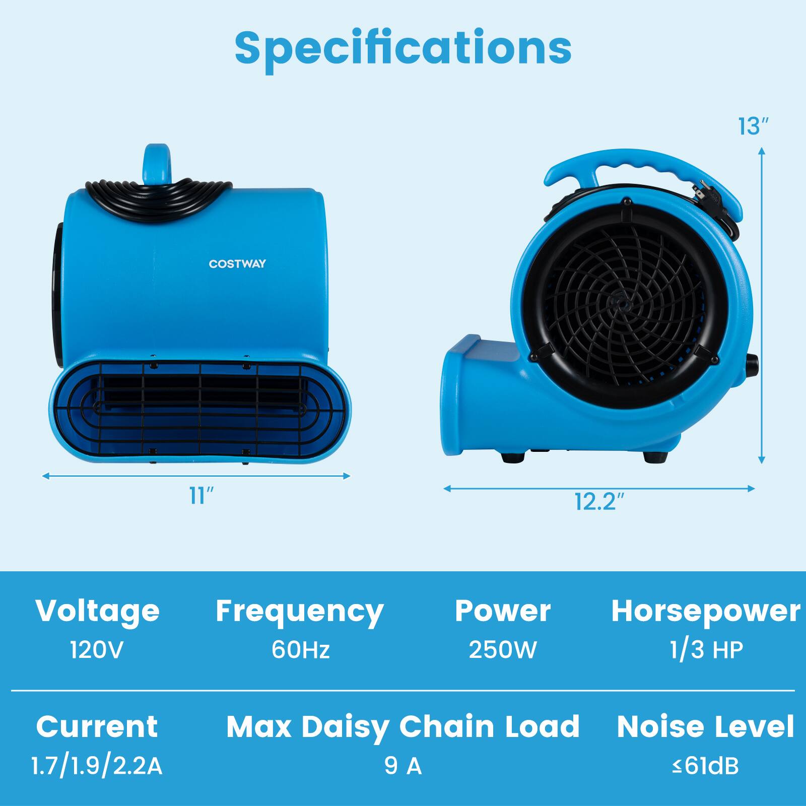 Specifications

- Dimensions: 11" x 12.2" x 13"
- Brand: COSTWAY

- Voltage: 120V
- Frequency: 60Hz
- Power: 250W
- Horsepower: 1/3 HP

- Current: 1.7/1.9/2.2A
- Max Daisy Chain Load: 9 A
- Noise Level: ≤61dB