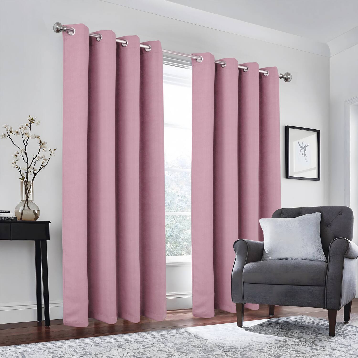 Left. Olivia Gray - Olivia Gray 100% Polyester 190 GSM Eloise Reversible Blackout Grommet Curtain Panel 54" x 90" Purple - Purple.