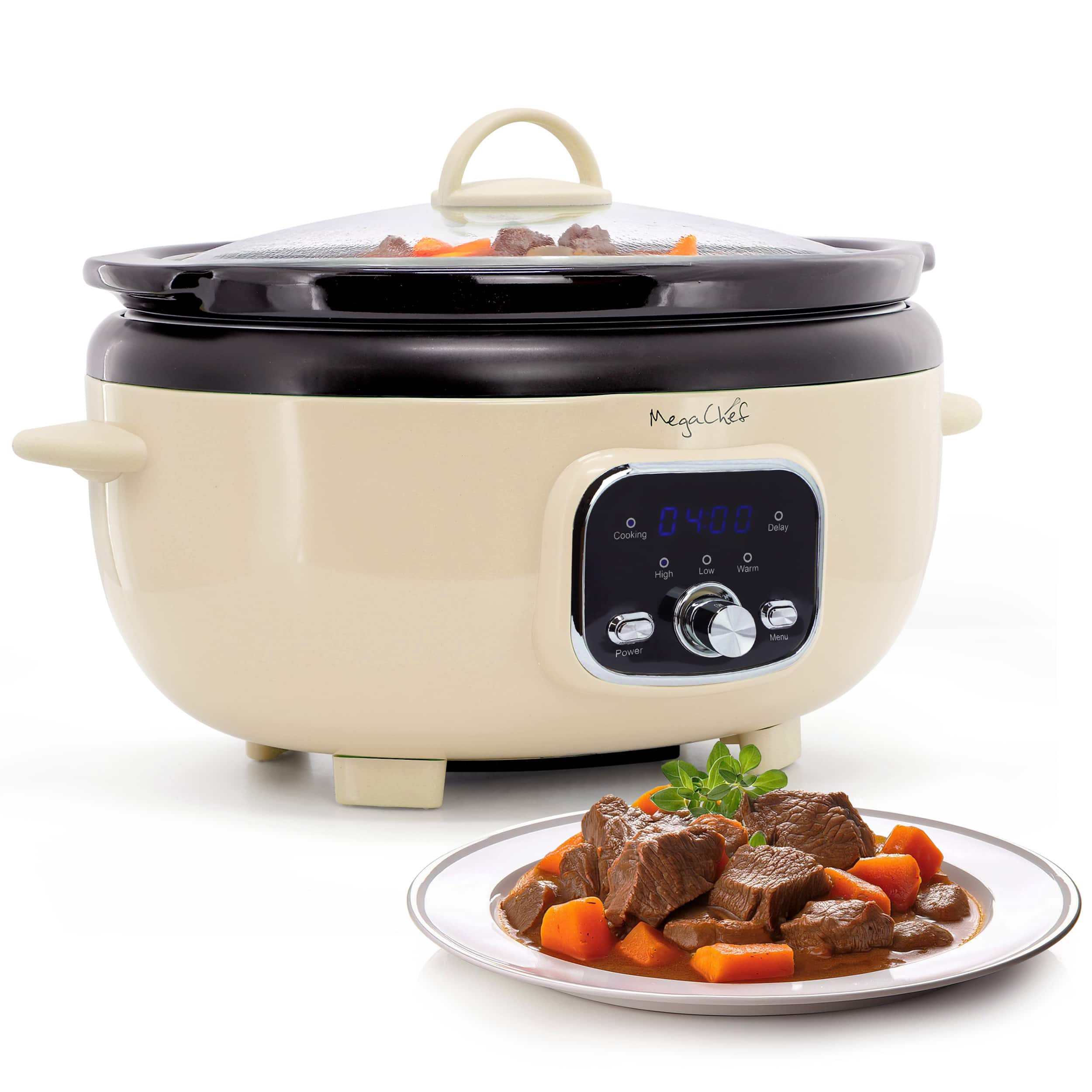 MegaChef - 6.9 Quart Oval Electric Digital Slow Cooker with Black Pot - Cream