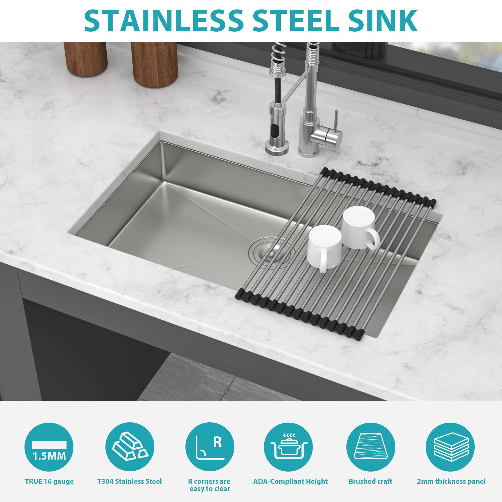 STAINLESS STEEL SINK

- 1.5MM
- TRUE 16 gauge
- T304 Stainless Steel
- R corners are easy to clear
- ADA-Compliant Height
- Brushed craft
- 2mm thickness panel