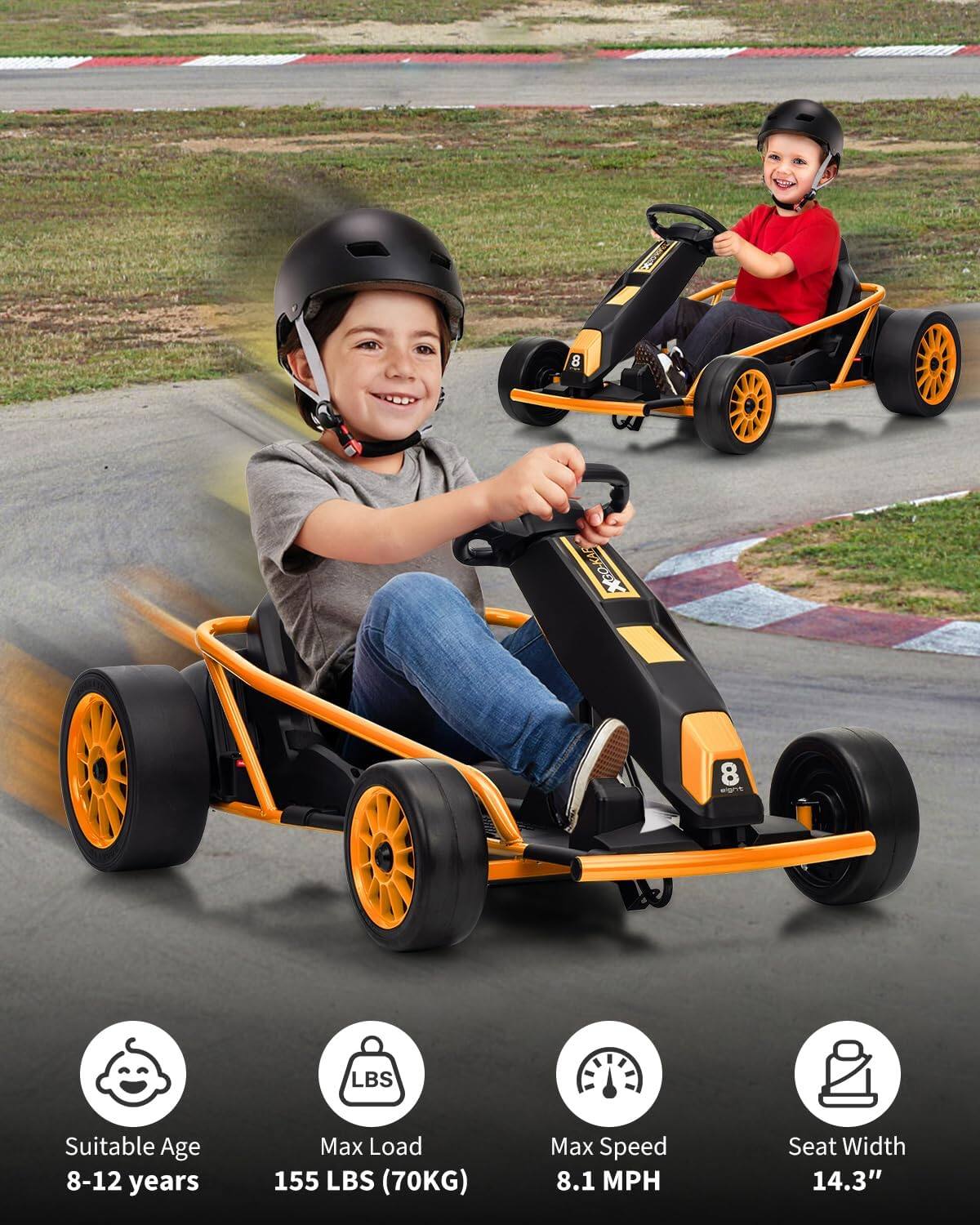 - Suitable Age: 8-12 years
- Max Load: 155 LBS (70KG)
- Max Speed: 8.1 MPH
- Seat Width: 14.3"