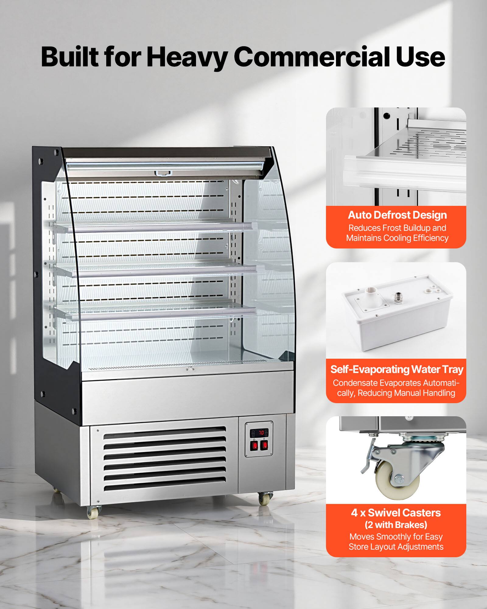 Built for Heavy Commercial Use

Auto Defrost Design
Reduces Frost Buildup and Maintains Cooling Efficiency

Self-Evaporating Water Tray
Condensate Evaporates Automatically, Reducing Manual Handling

4 x Swivel Casters (2 with Brakes)
Moves Smoothly for Easy Store Layout Adjustments