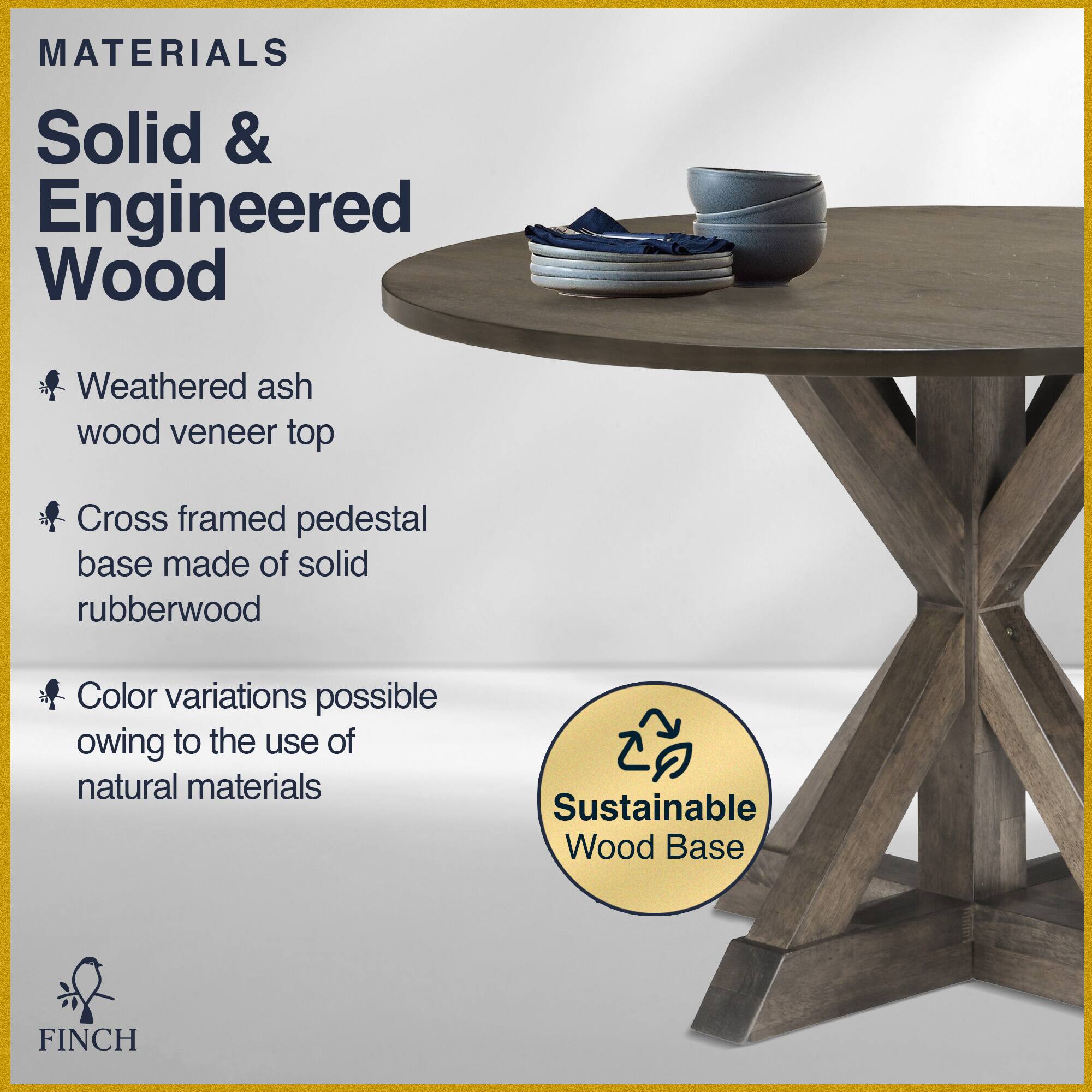 Left. Finch - Alfred Round Modern Farmhouse Rubberwood Table - Rustin Brown.