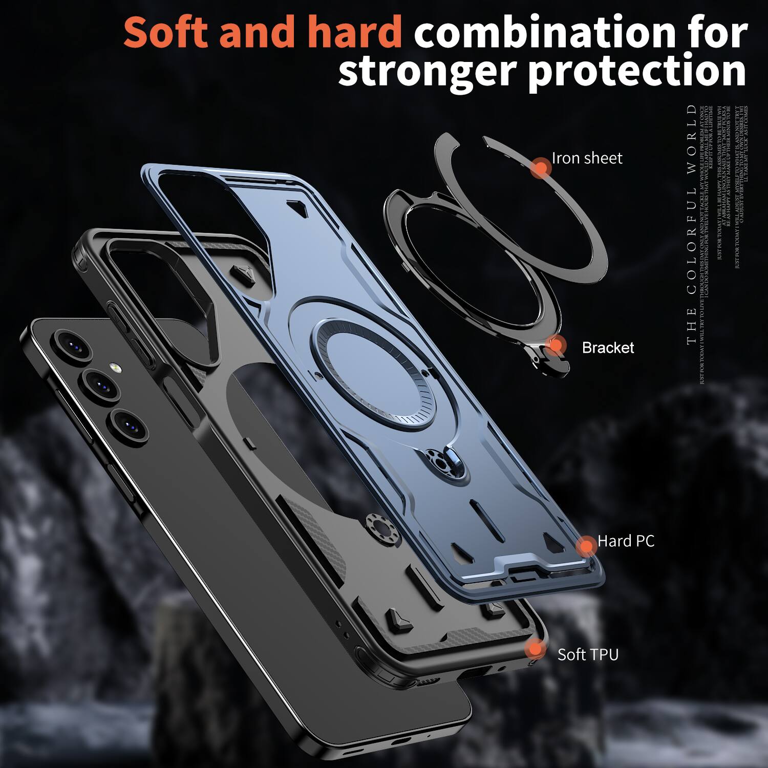 Soft and hard combination for stronger protection:  
- Iron sheet  
- Bracket  
- Hard PC  
- Soft TPU