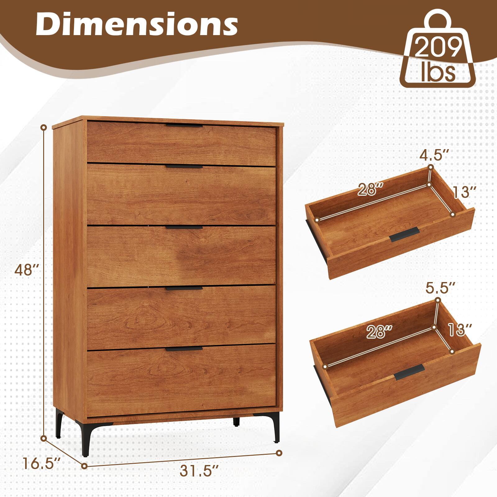 Dimensions:  
- Weight: 209 lbs  
- Height: 48"  
- Width: 16.5"  
- Depth: 31.5"  
- Drawer 1: 28" x 13" x 5.5"  
- Drawer 2: 28" x 13" x 4.5"
