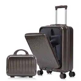 Ropilly - 2 Piece Luggage Set Front Opening Carry On with 14 Inch Cosmetic Case - Brown