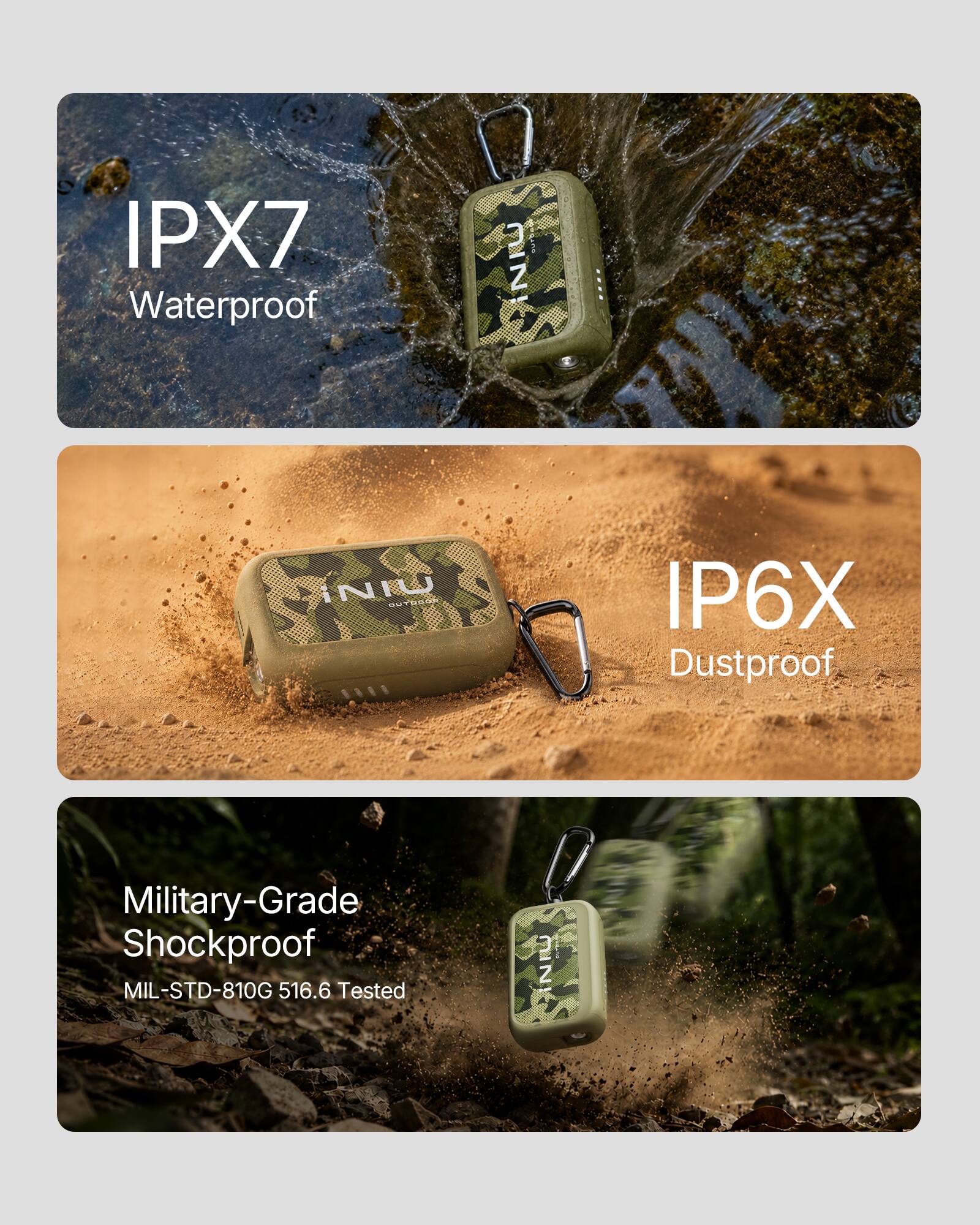 IPX7 Waterproof

INIU OUTDOOR
IP6X Dustproof
Military-Grade Shockproof MIL-STD-810G 516.6 Tested