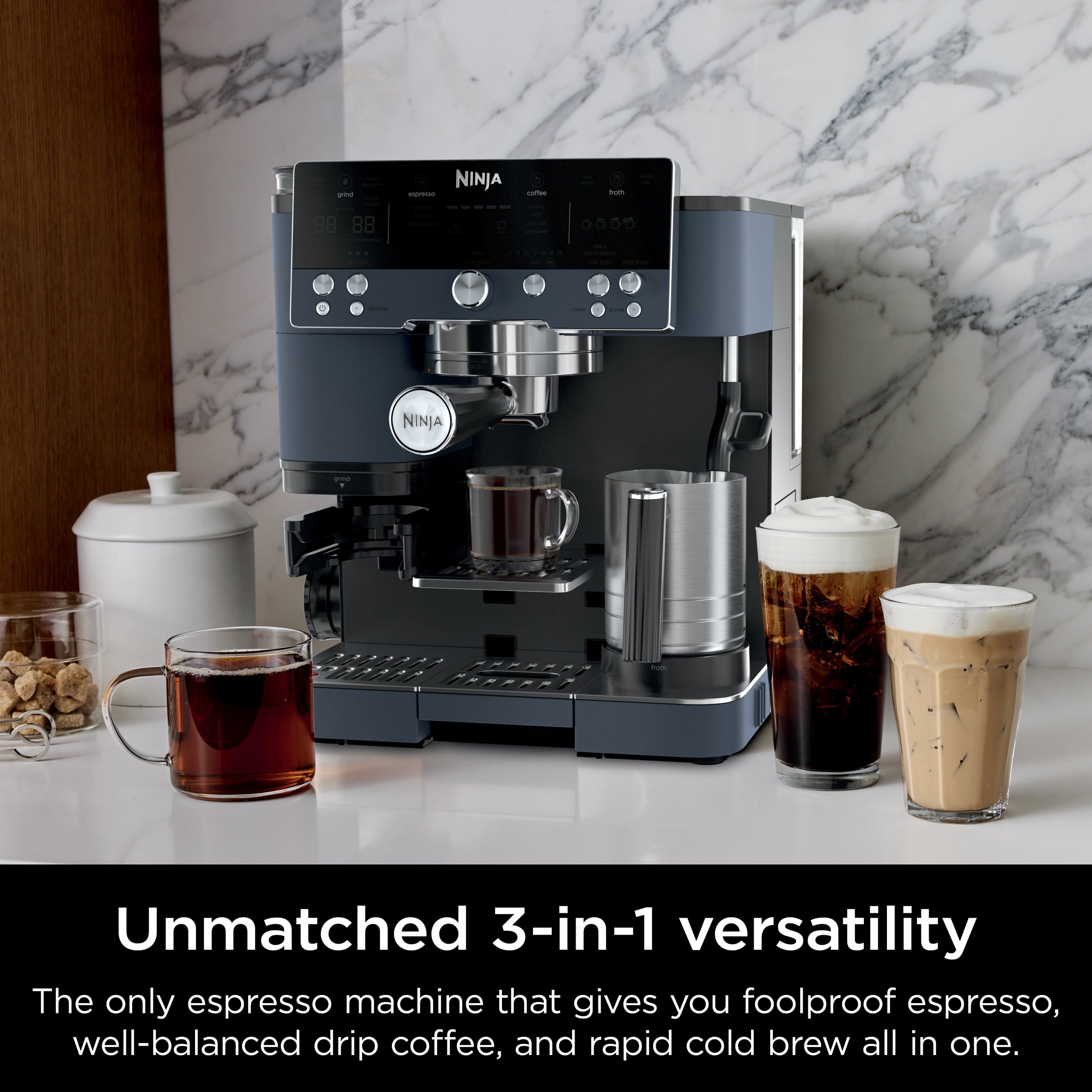 NINJA Unmatched 3-in-1 versatility The only espresso machine that gives you foolproof espresso, well-balanced drip coffee, and rapid cold brew all in one.