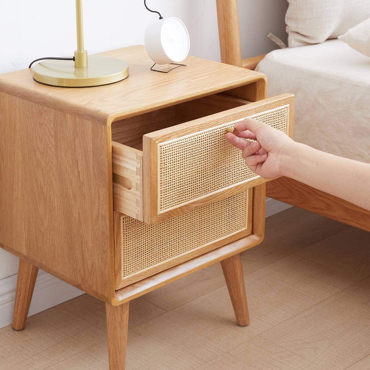 Alt View 1. Loheer - Loheer Solid Oak Nightstand Natural Wood Bedside Cabinet with Rattan Drawer Fronts - Natural.