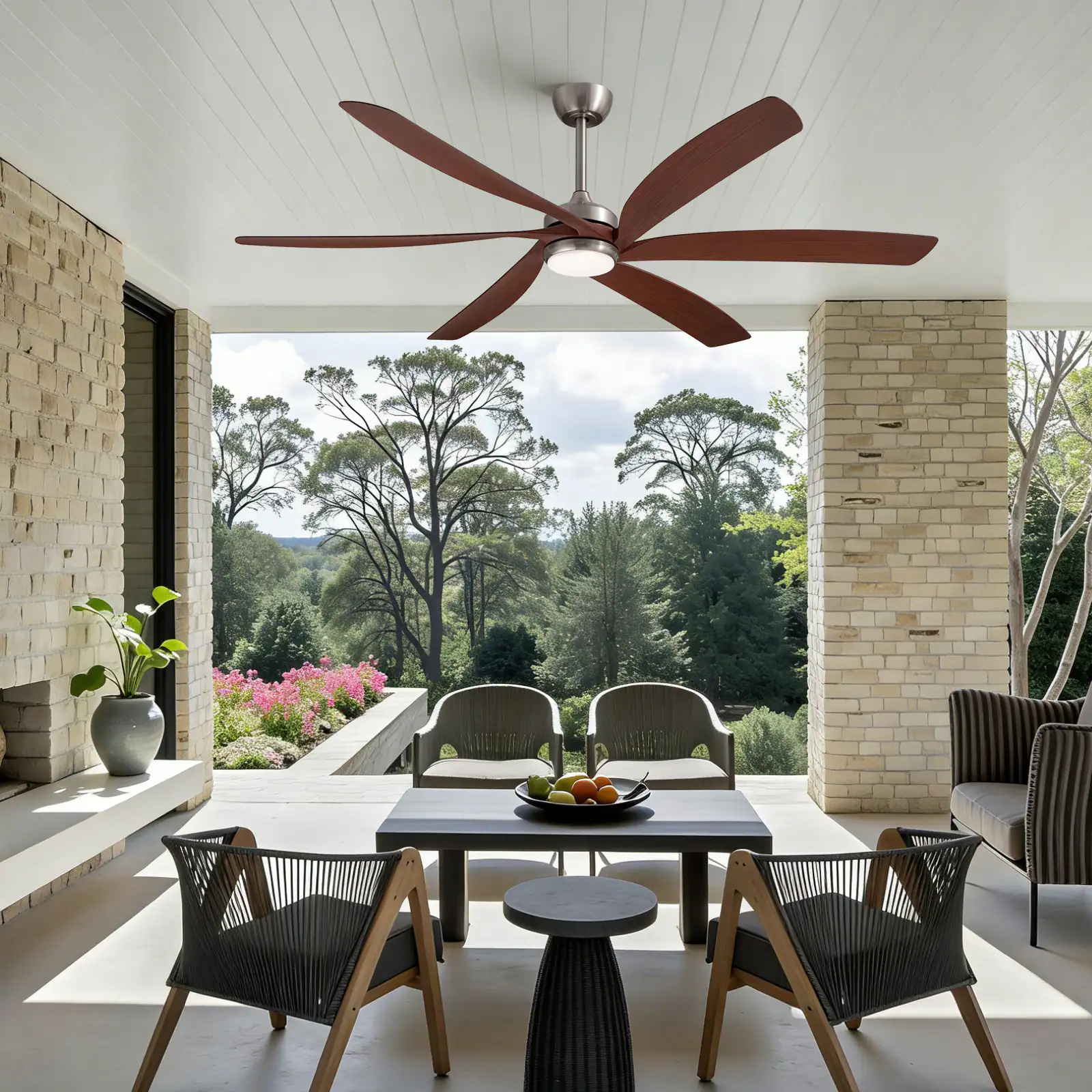Back. Siljoy - 64" Modern Silent Ceiling Fan, Reversible DC Motor, 6 Speeds, Timer, Natural Wind, Remote & APP Control, Indoor Outdoor - Dark Walnut Brown.