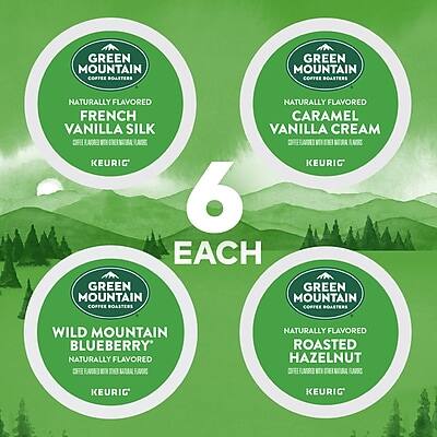 GREEN MOUNTAIN COFFEE ROASTERS  
NATURALLY FLAVORED  
FRENCH CARAMEL VANILLA SILK  
KEURIG  

GREEN MOUNTAIN COFFEE ROASTERS  
NATURALLY FLAVORED  
CARAMEL VANILLA CREAM  
KEURIG  

GREEN MOUNTAIN COFFEE ROASTERS  
NATURALLY FLAVORED  
WILD MOUNTAIN BLUEBERRY  
KEURIG  

GREEN MOUNTAIN COFFEE ROASTERS  
NATURALLY FLAVORED  
ROASTED HAZELNUT  
KEURIG  

6 EACH
