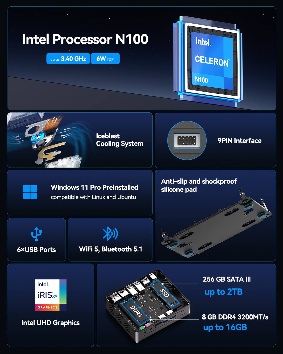 Intel Processor N100  
up to 3.40 GHz  
6W TDP  

Intel Celeron N100  

Iceblast Cooling System  

9PIN Interface  

Windows 11 Pro Preinstalled  
compatible with Linux and Ubuntu  

Anti-slip and shockproof silicone pad  

6xUSB Ports  

WiFi 5, Bluetooth 5.1  

Intel iRISx Graphics  
Intel UHD Graphics  

256 GB SATA III  
up to 2TB  

8 GB DDR4 3200MT/s  
up to 16GB