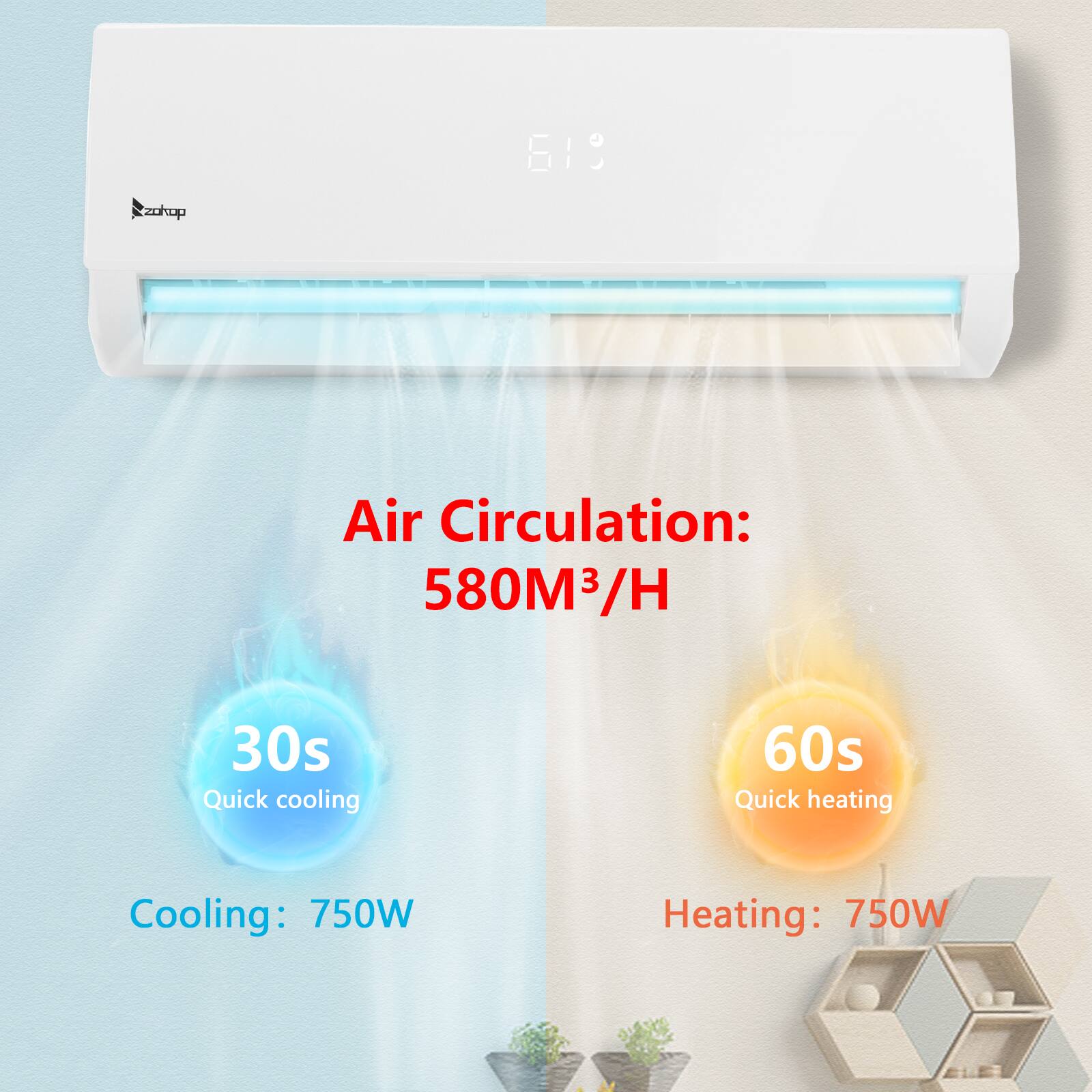 Air Circulation: 580M³/H

30s Quick cooling  
Cooling: 750W

60s Quick heating  
Heating: 750W