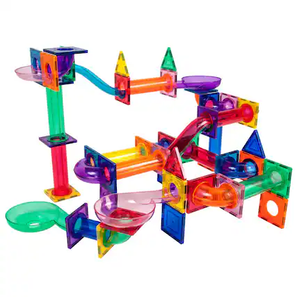 Front. PicassoTiles - PICASSO-TILES 100pc Marble Run Magnetic Tiles, Race Track Building Blocks Set, STEM Toy for Kids - Multicolor.