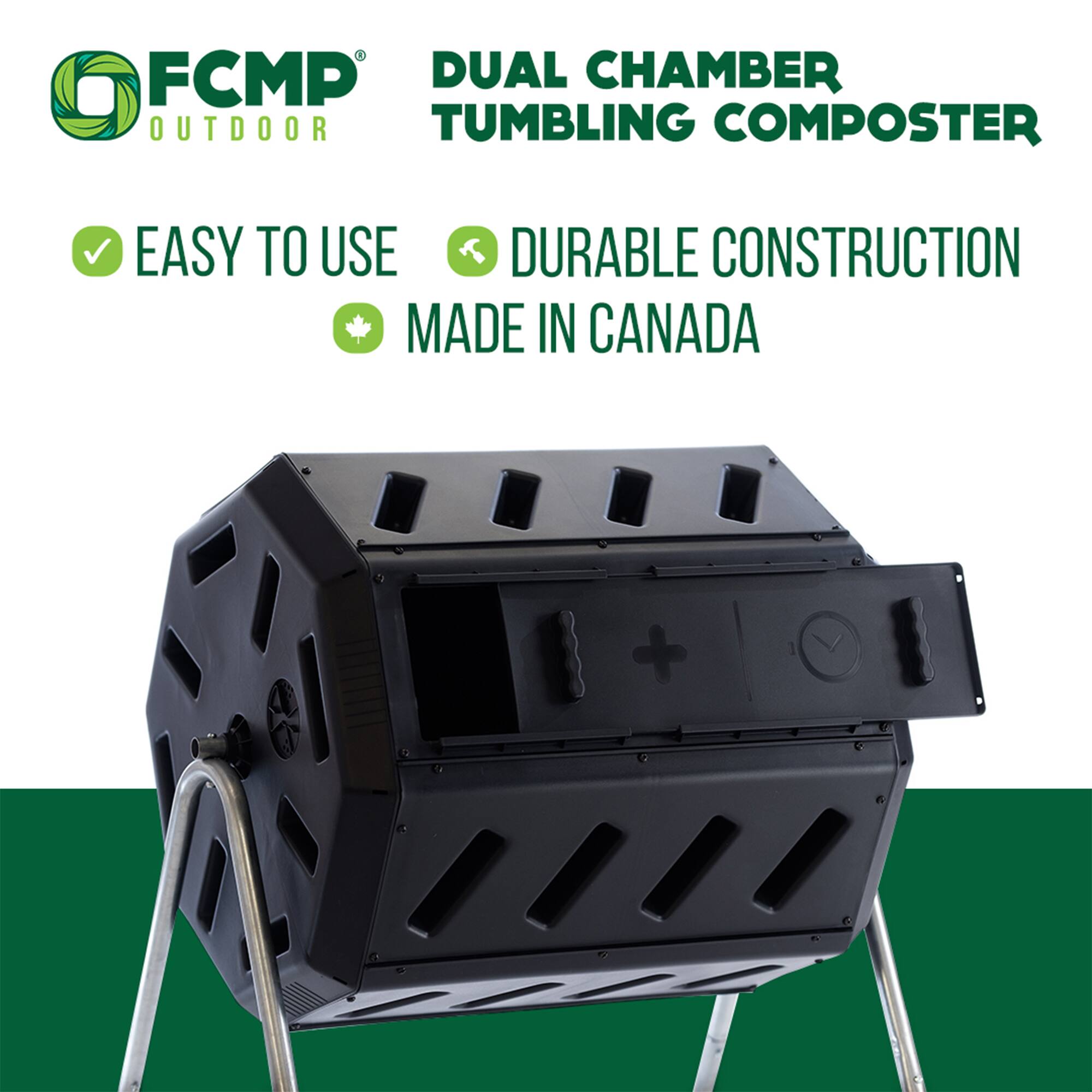 FCMP Outdoor  
DUAL CHAMBER TUMBLING COMPOSTER  

EASY TO USE  
DURABLE CONSTRUCTION  
MADE IN CANADA