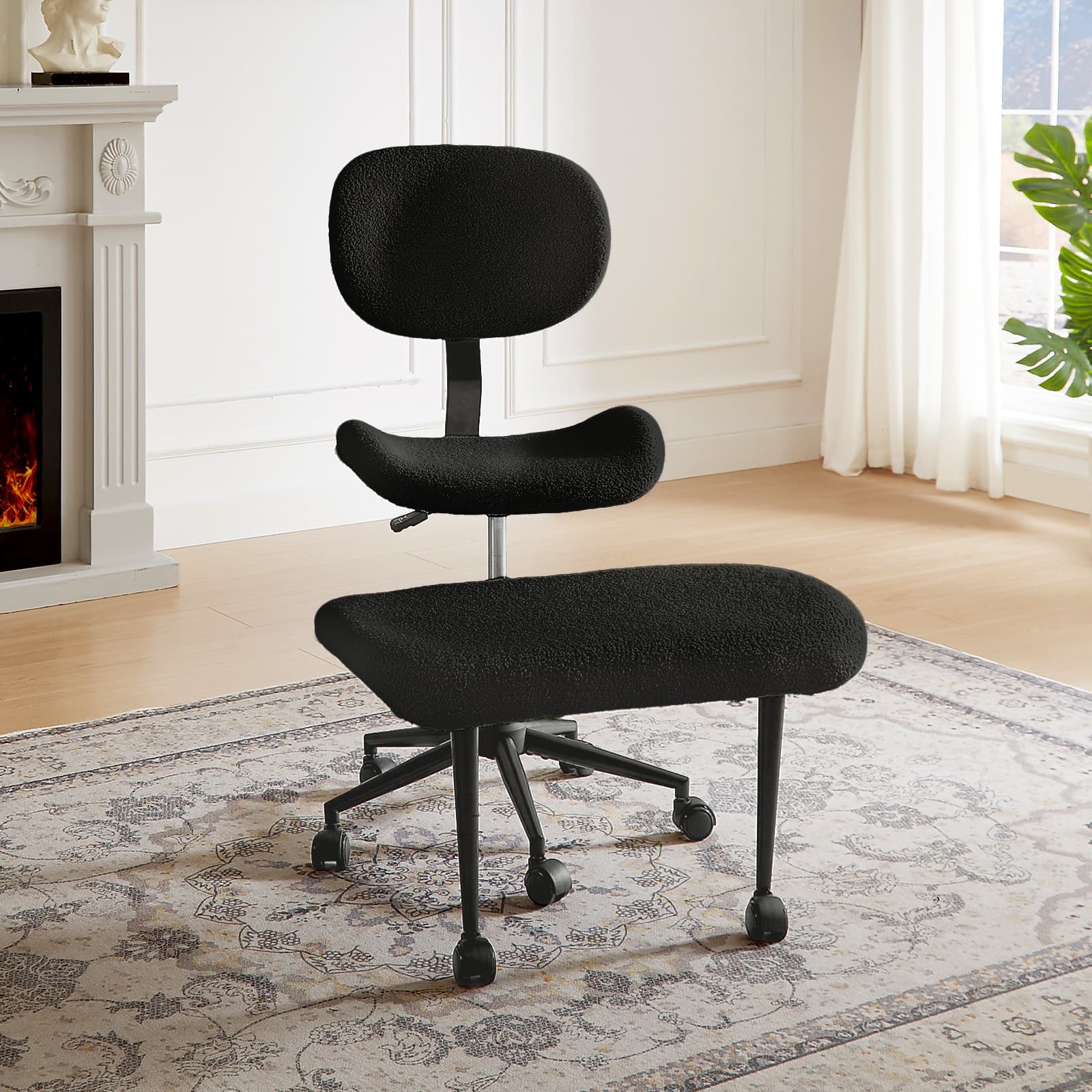 Front. Pinmoco - Fabric Ergonomic Office Chair with Back Support and Wheels Cross-Legged ADHD Adjustable Office Chair - Teddy Black.