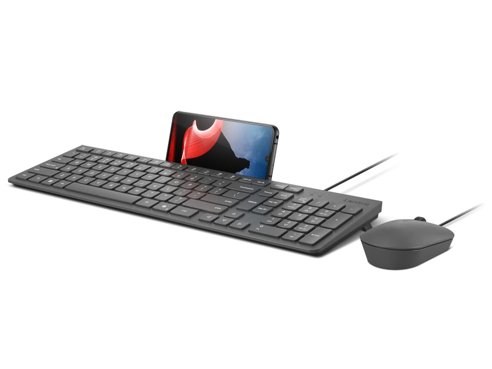 Back. Lenovo - Lenovo 310 USB-A Wired Keyboard & Mouse Combo, Quiet Keys, Spill-Resistant, Integrated Phone Stand, 2000 DPI Mouse - Luna Grey.